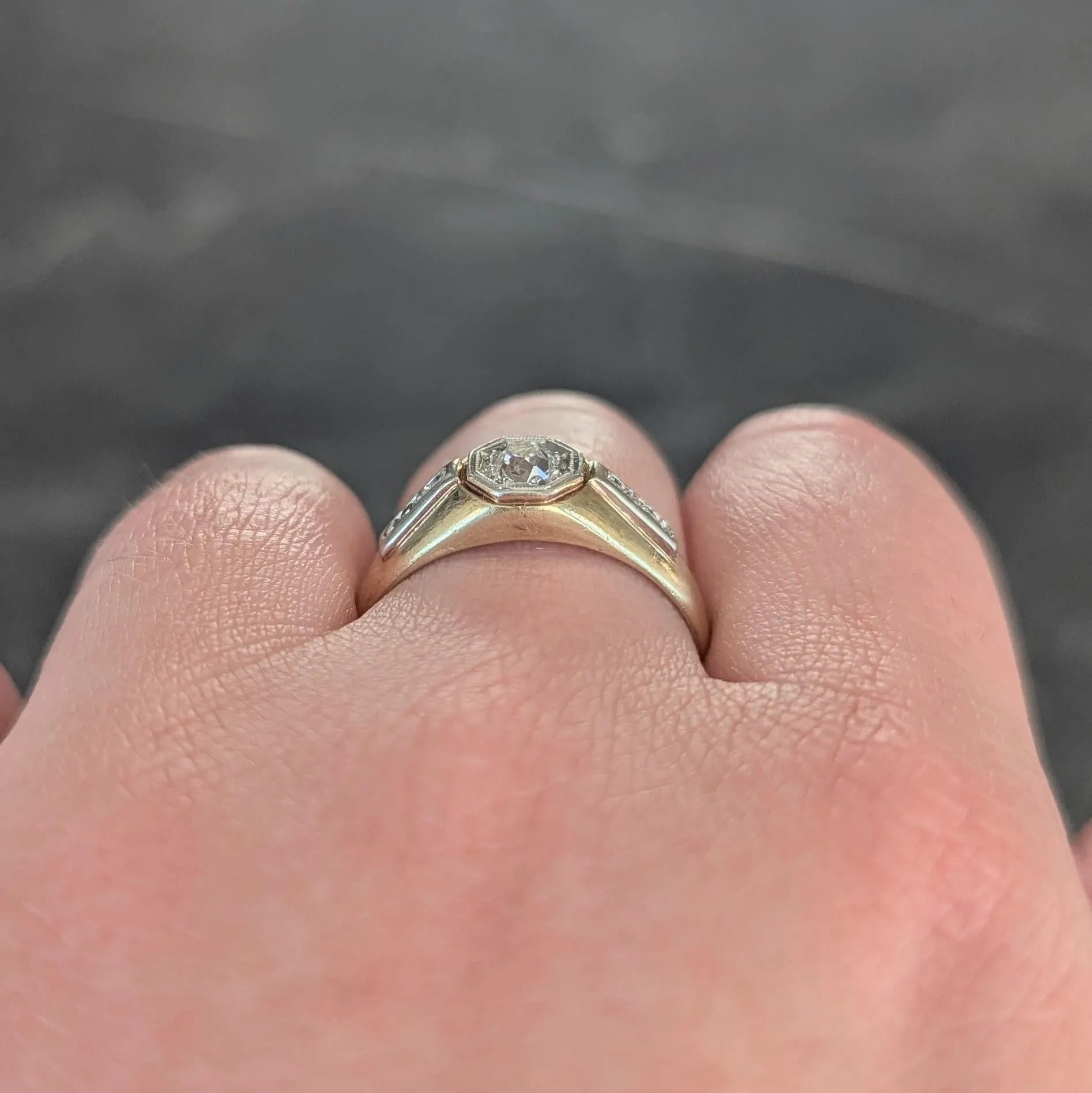 Art Deco Old Mine Cut Diamond Platinum 15 Karat Yellow Gold Antique Unisex Ring