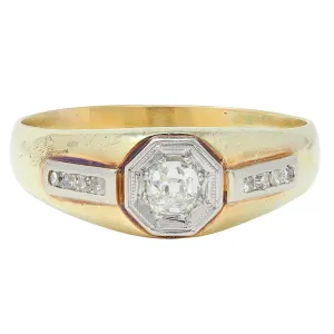 Art Deco Old Mine Cut Diamond Platinum 15 Karat Yellow Gold Antique Unisex Ring