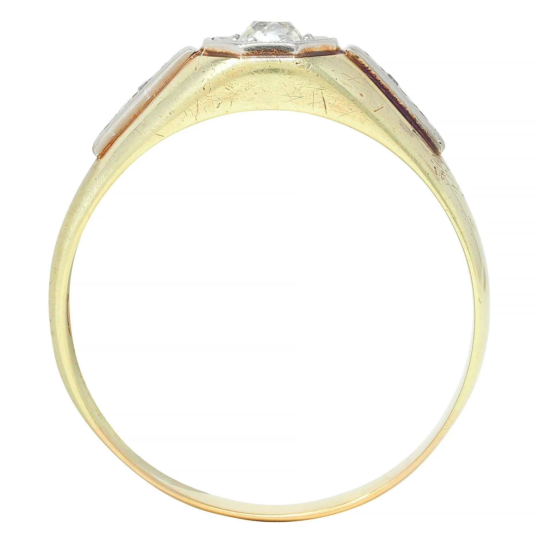 Art Deco Old Mine Cut Diamond Platinum 15 Karat Yellow Gold Antique Unisex Ring
