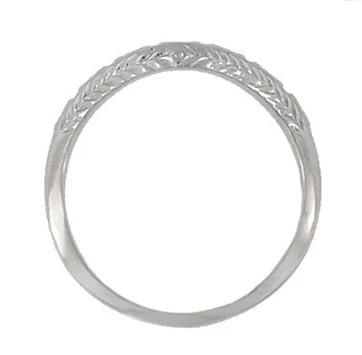 Art Deco Olive Leaves and Wheat Engraved Curved Wedding Band in White Gold - 14K or 18K