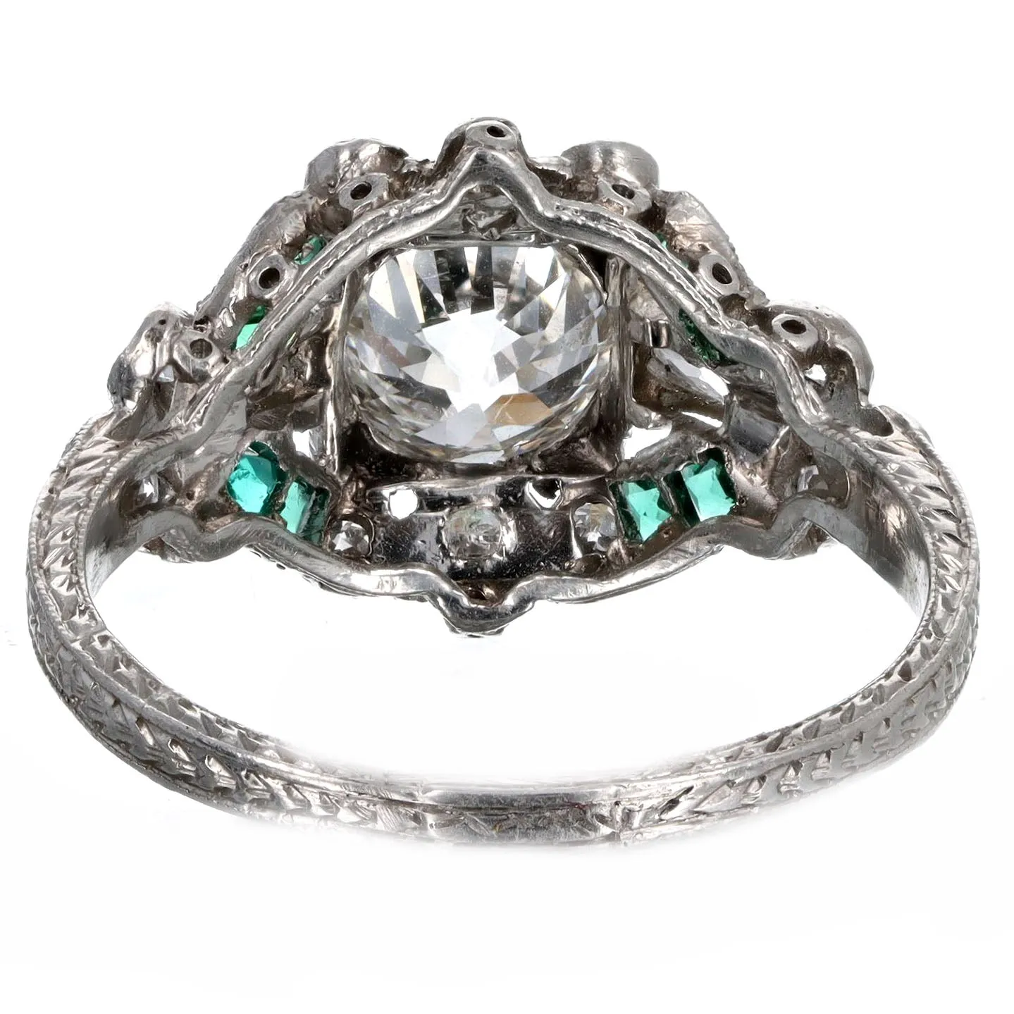 Art Deco Platinum 0.90 Carat Old European Cut Diamond & Natural Emerald Engagement Ring