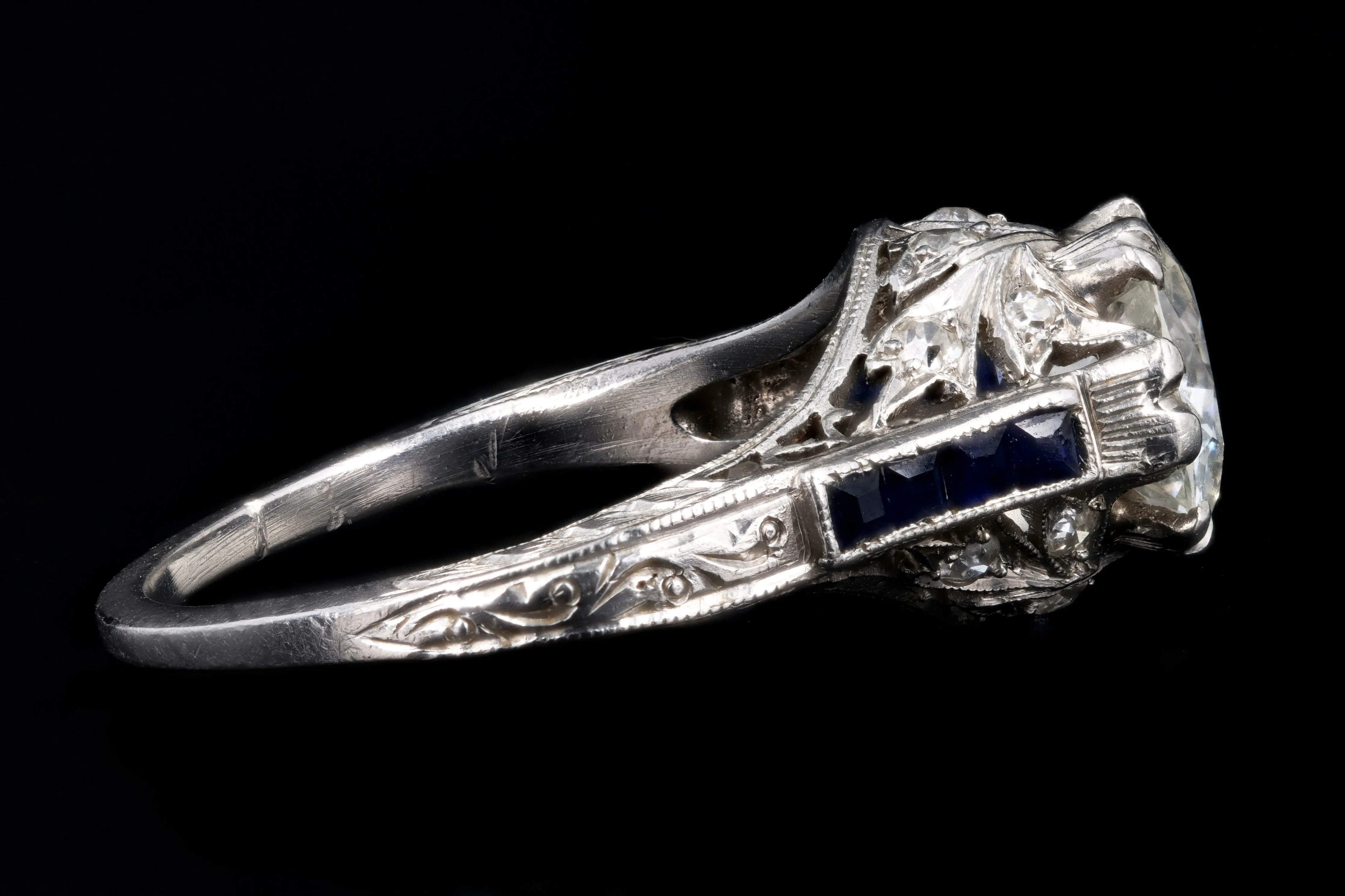 Art Deco Platinum 1.25 Carat Old European Cut Diamond & Synthetic Sapphire Engagement Ring