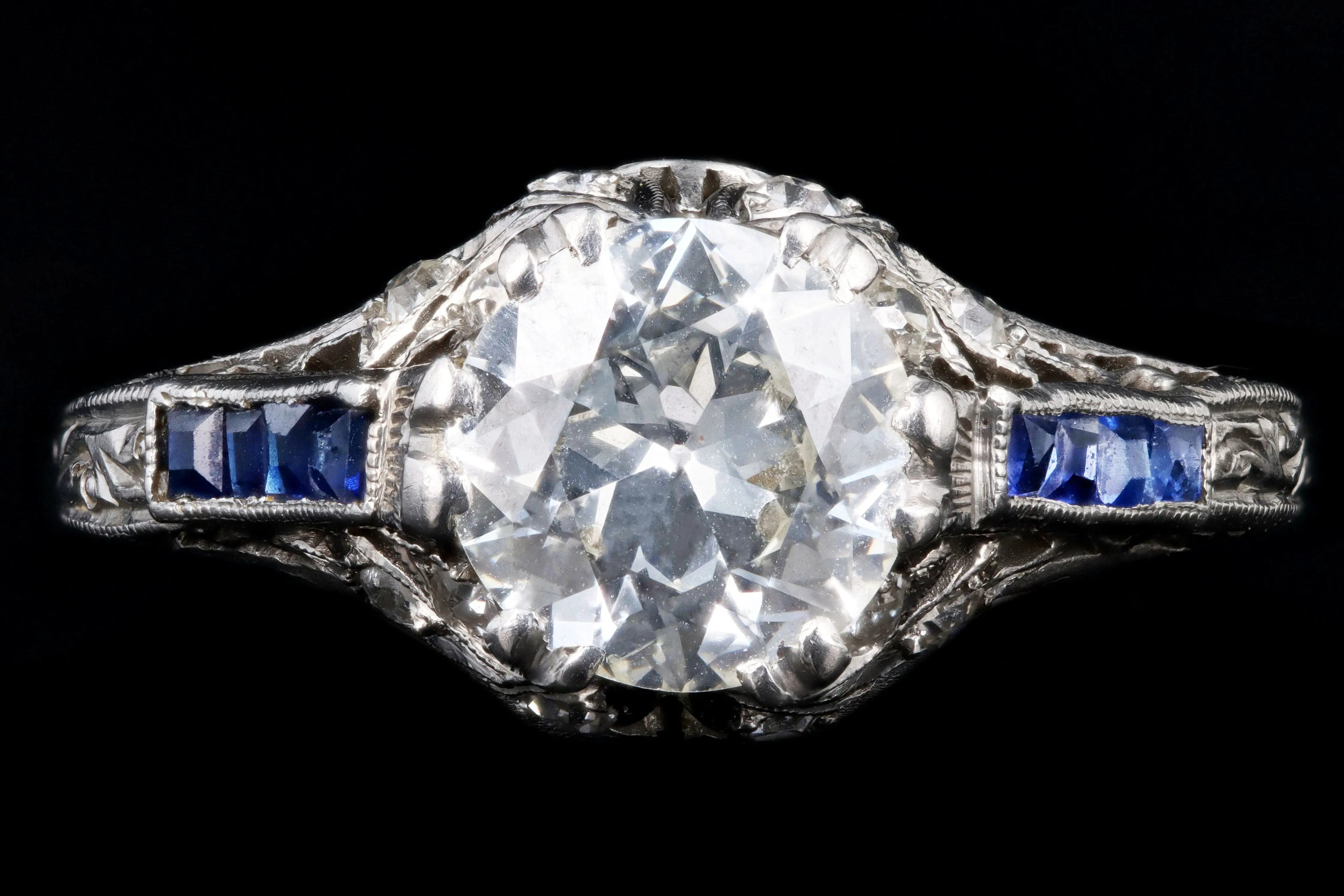 Art Deco Platinum 1.25 Carat Old European Cut Diamond & Synthetic Sapphire Engagement Ring