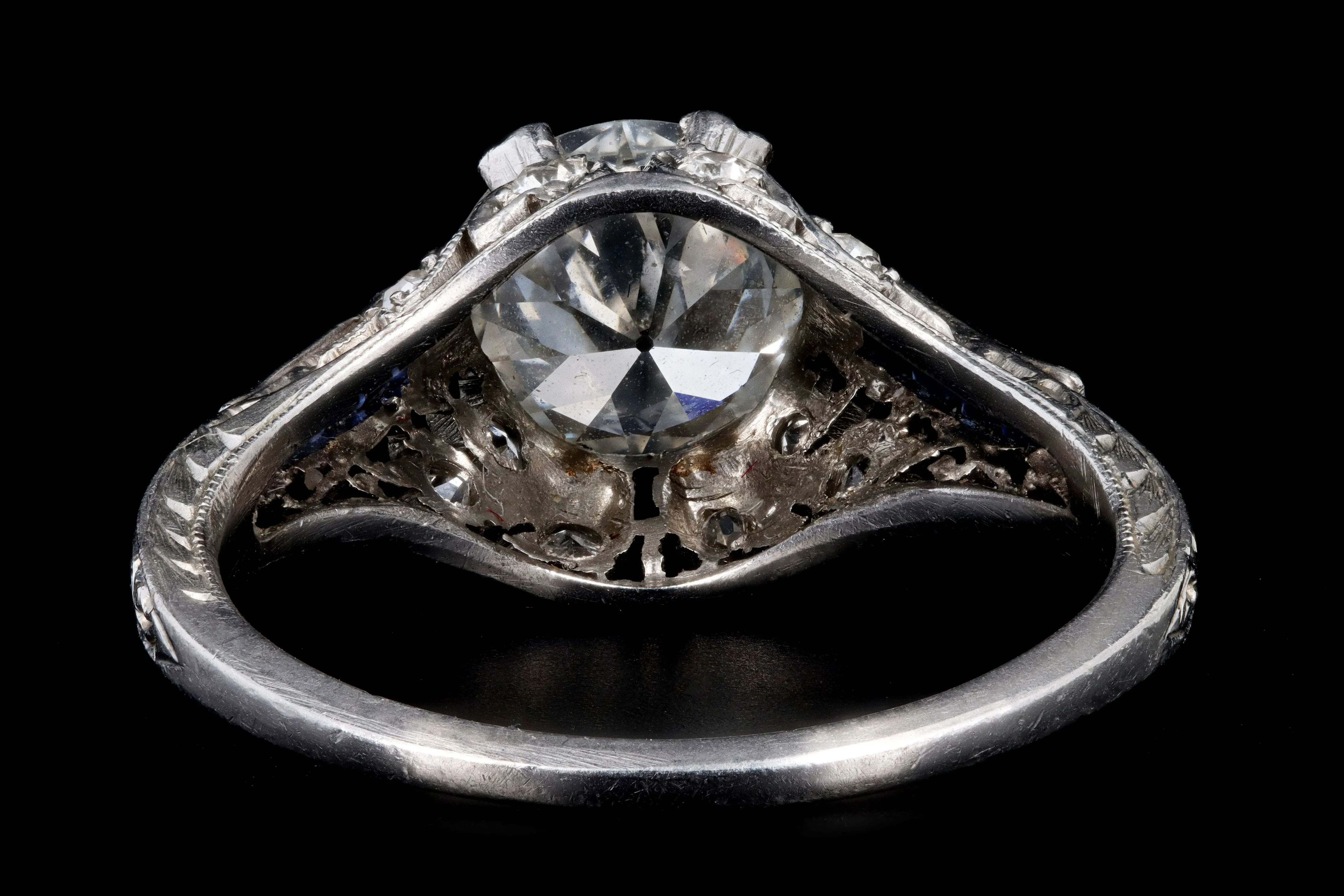Art Deco Platinum 1.25 Carat Old European Cut Diamond & Synthetic Sapphire Engagement Ring