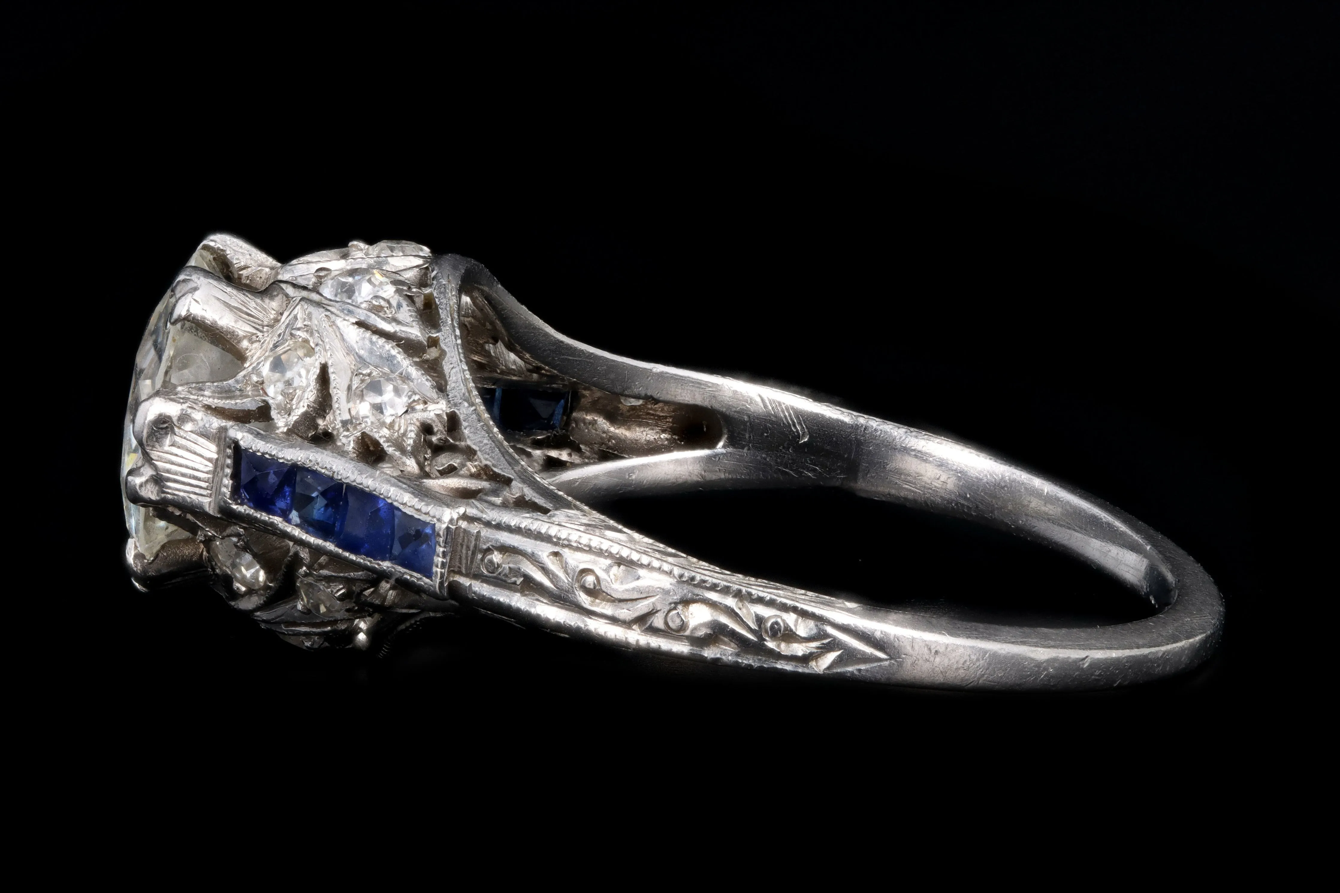 Art Deco Platinum 1.25 Carat Old European Cut Diamond & Synthetic Sapphire Engagement Ring