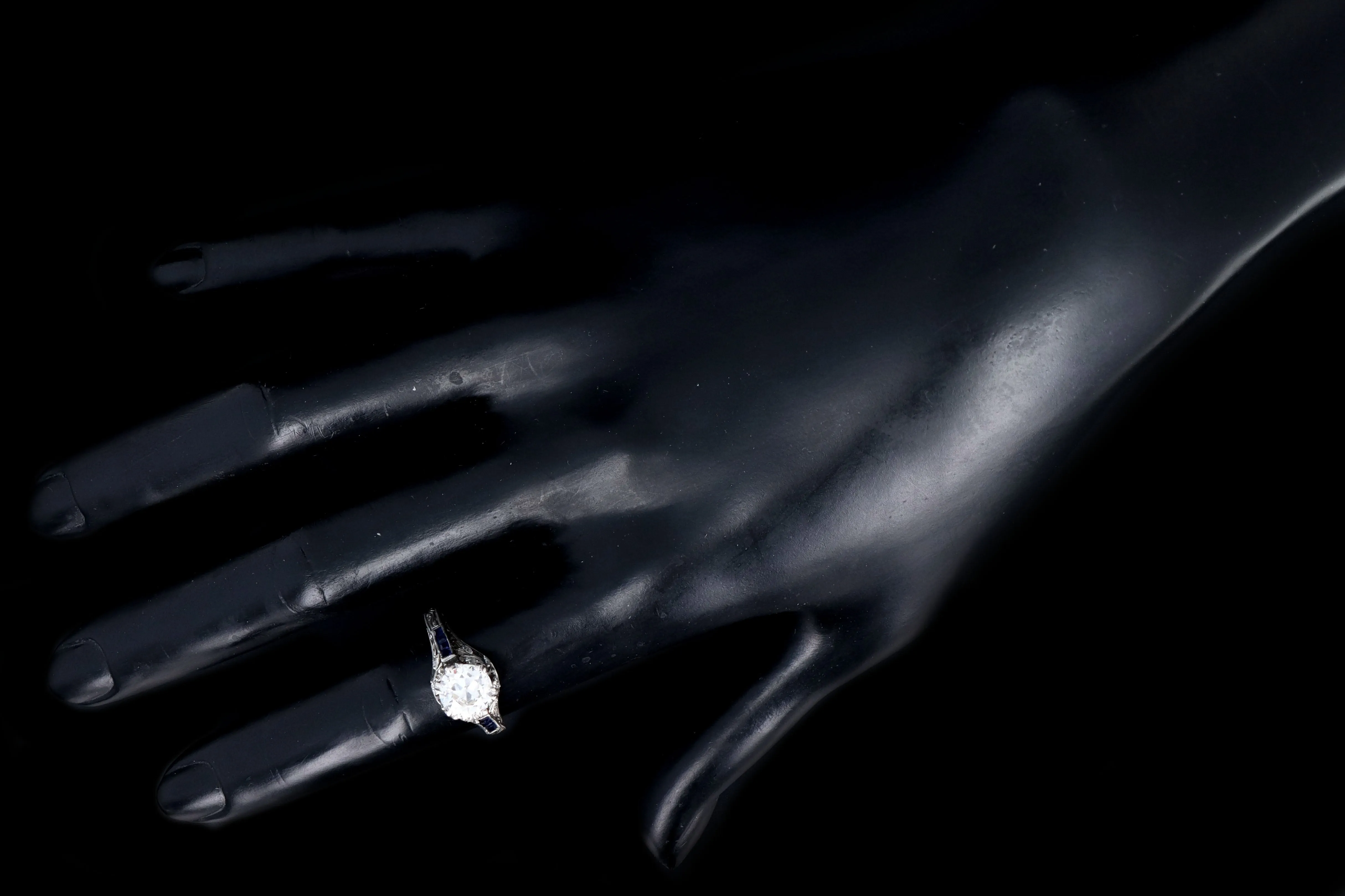 Art Deco Platinum 1.25 Carat Old European Cut Diamond & Synthetic Sapphire Engagement Ring
