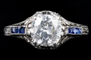 Art Deco Platinum 1.25 Carat Old European Cut Diamond & Synthetic Sapphire Engagement Ring