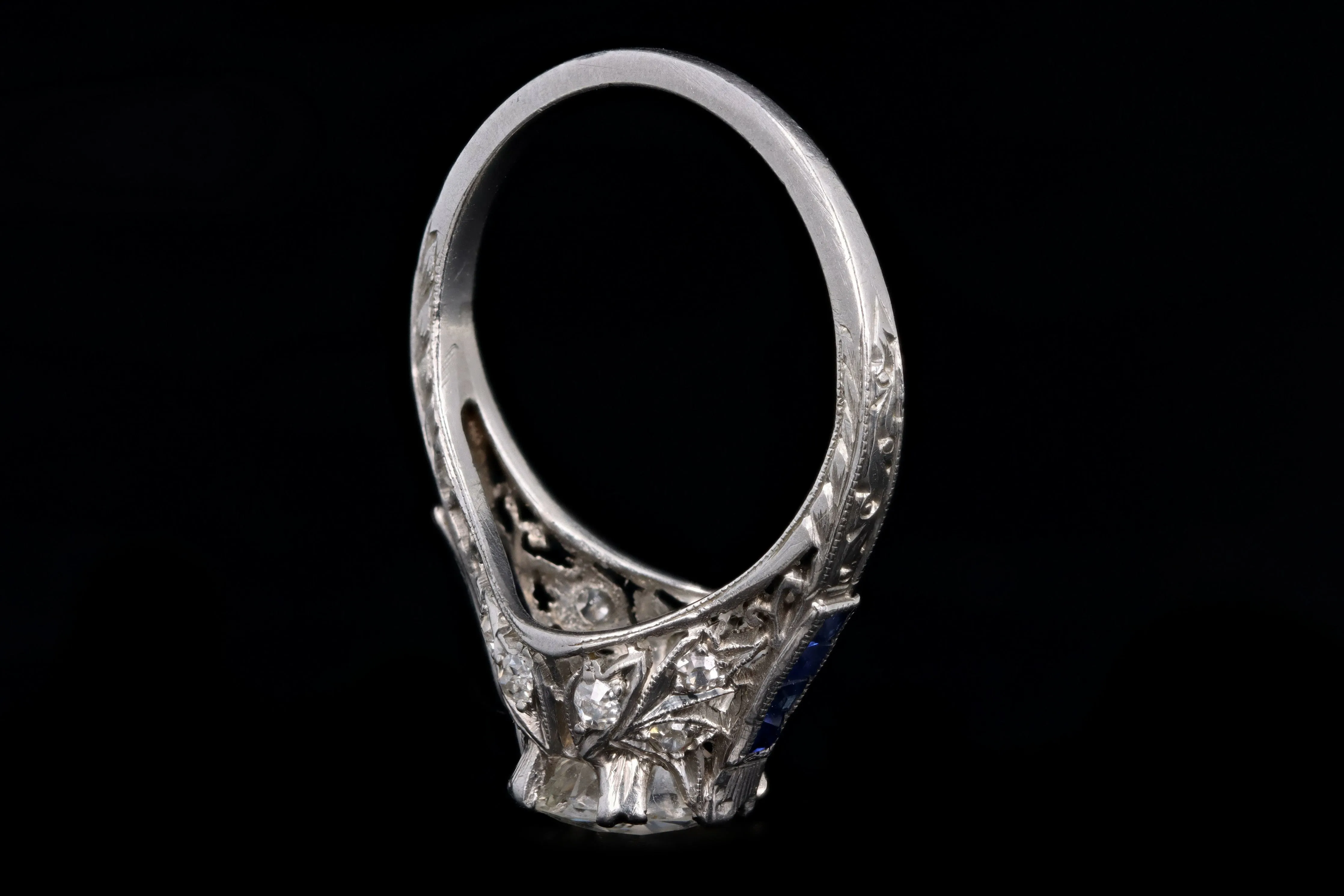 Art Deco Platinum 1.25 Carat Old European Cut Diamond & Synthetic Sapphire Engagement Ring
