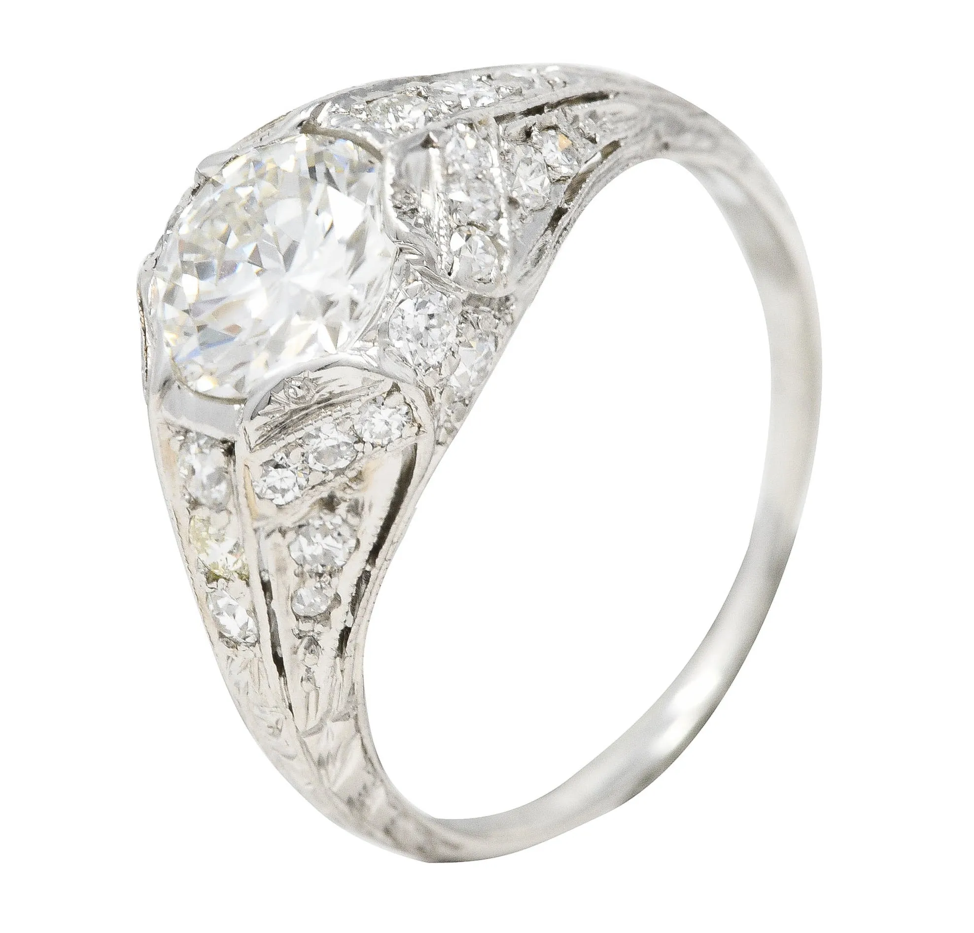 Art Deco Platinum 1.53 CTW Old European Cut Diamond Platinum Wheat Engagement Ring