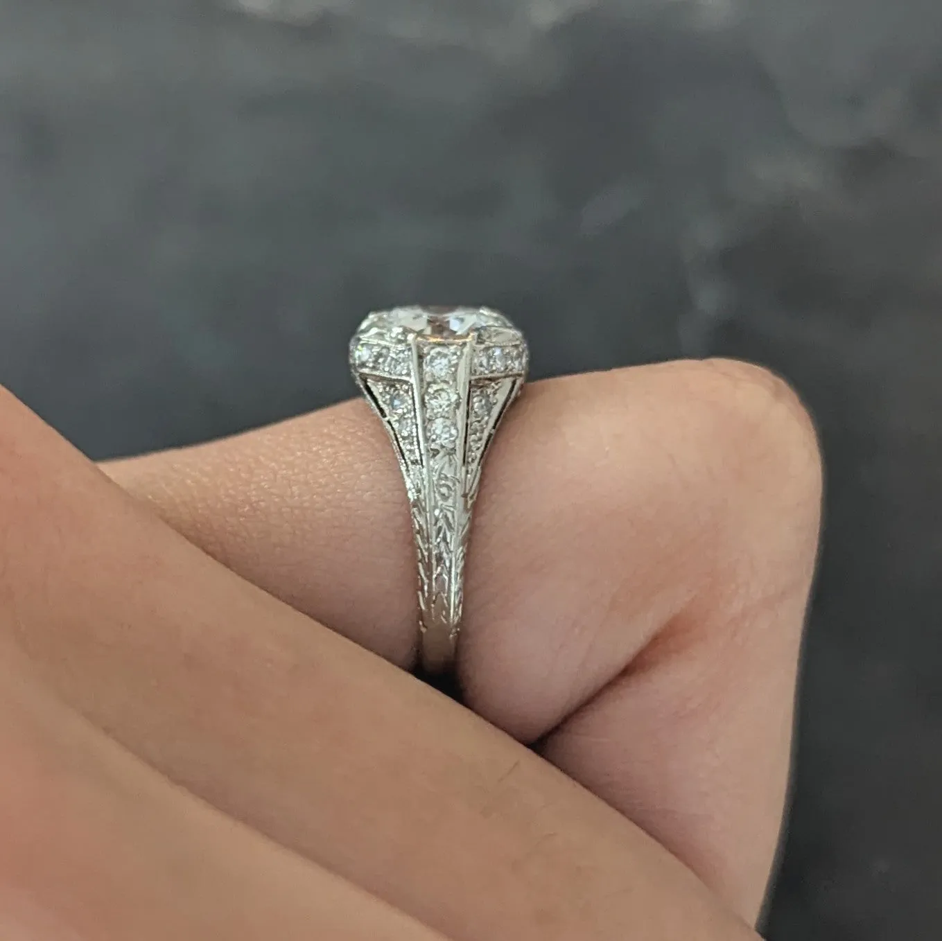 Art Deco Platinum 1.53 CTW Old European Cut Diamond Platinum Wheat Engagement Ring