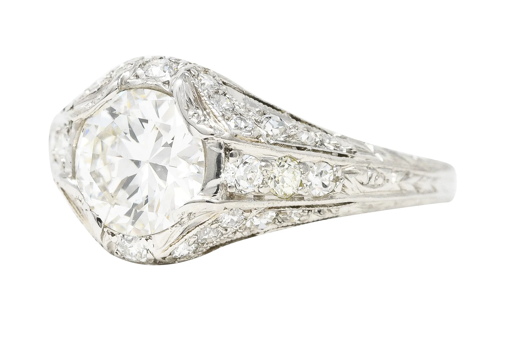 Art Deco Platinum 1.53 CTW Old European Cut Diamond Platinum Wheat Engagement Ring