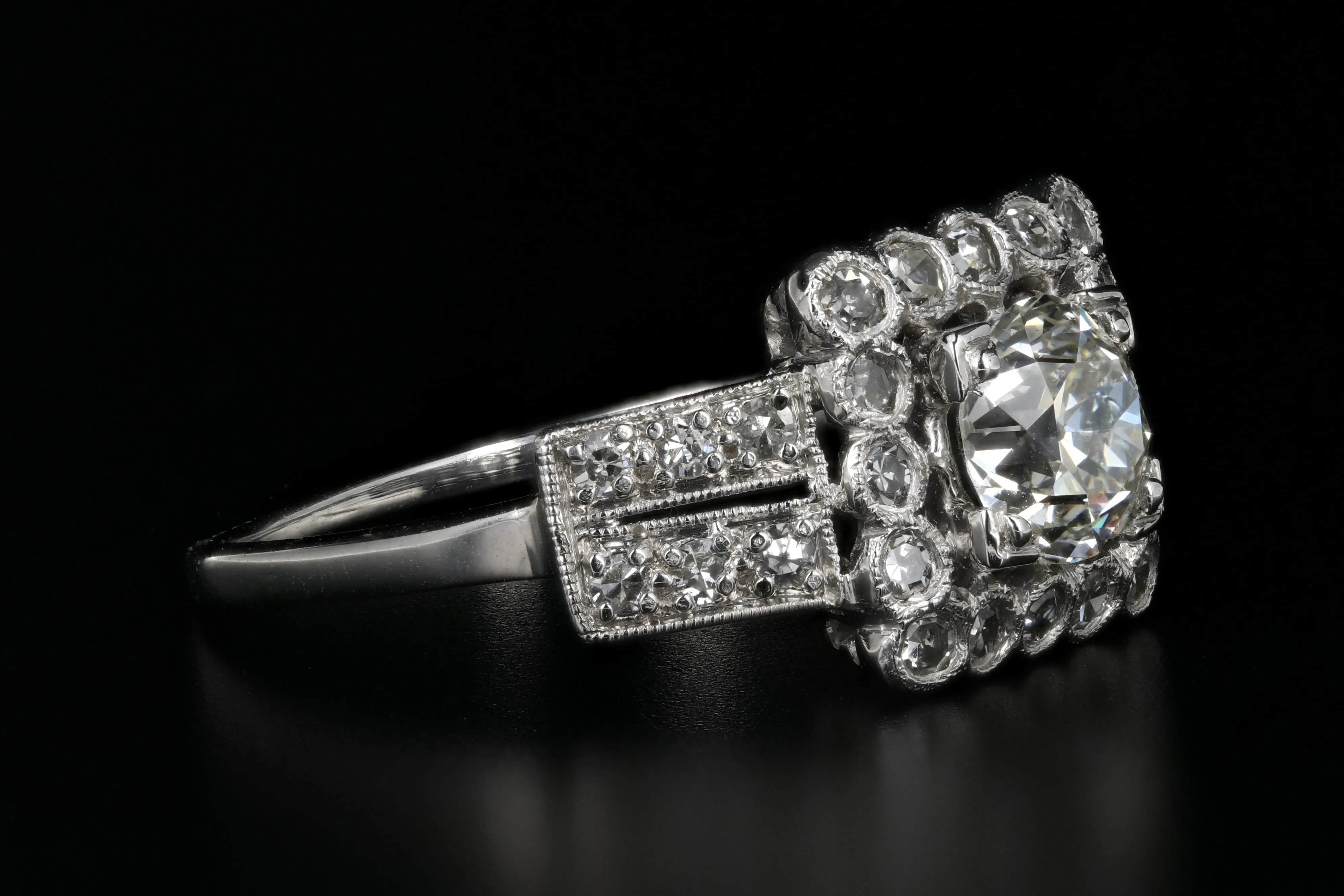 Art Deco Platinum .89 Carat Old European Cut Diamond Engagement Ring