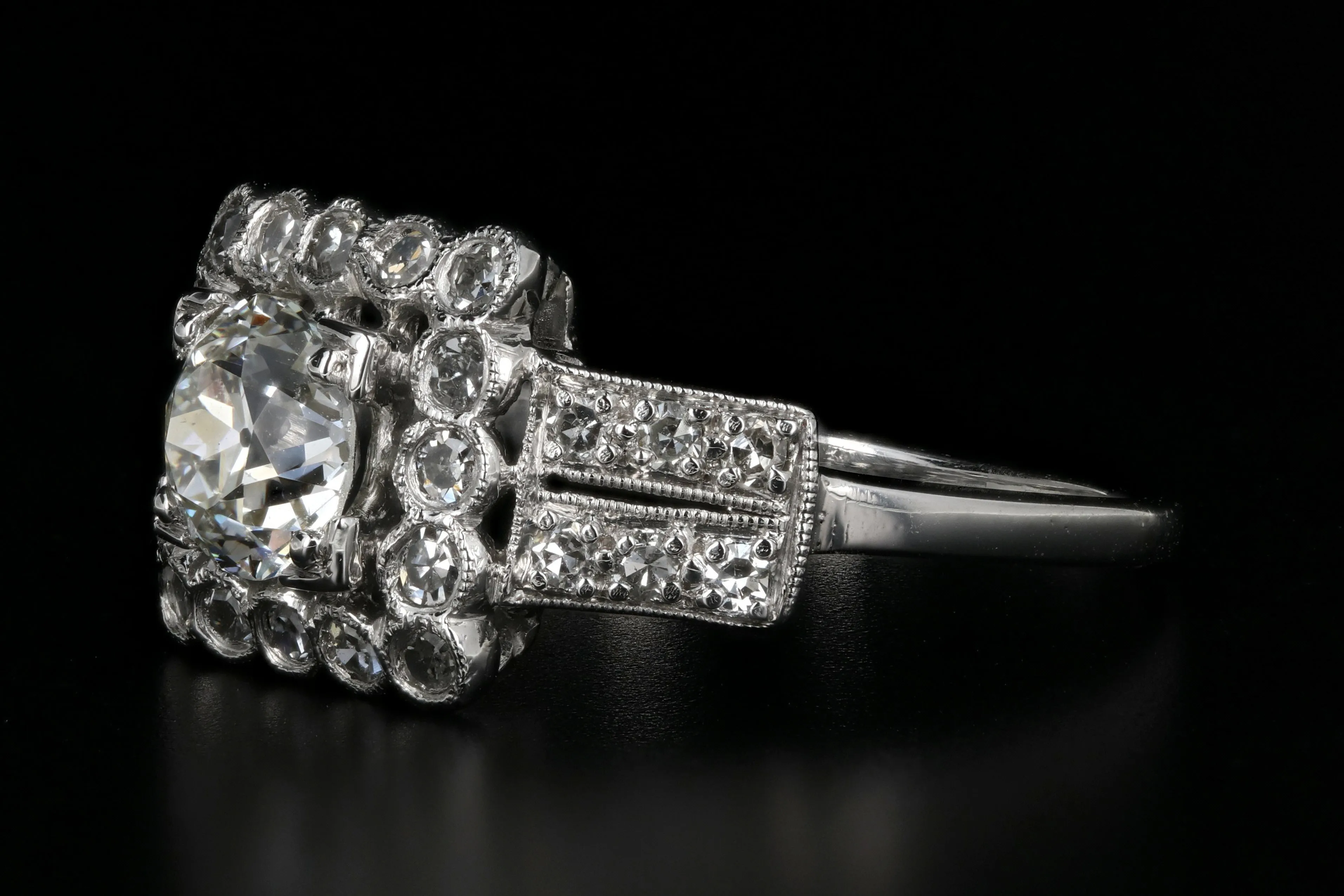 Art Deco Platinum .89 Carat Old European Cut Diamond Engagement Ring