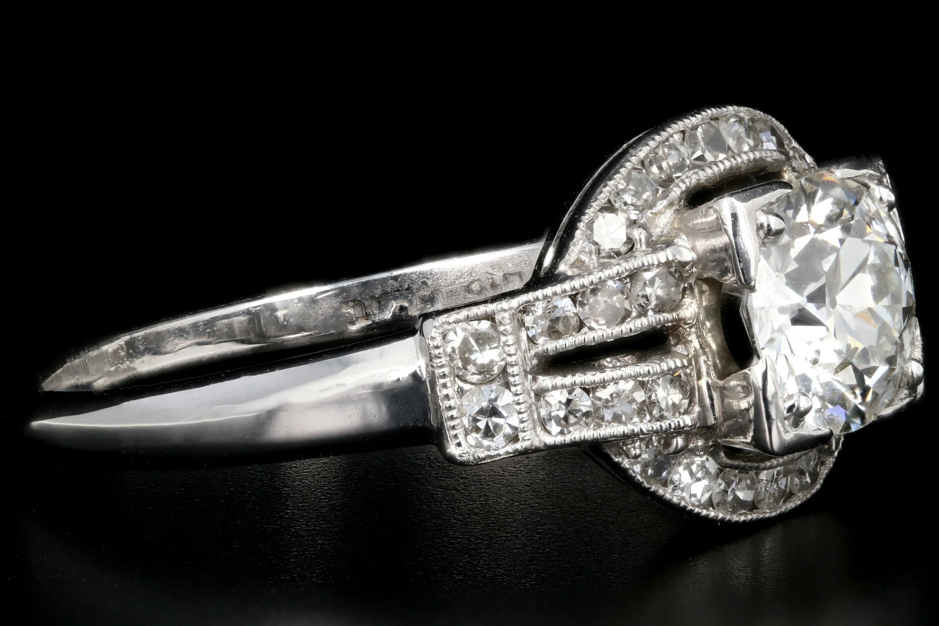 Art Deco Platinum .90 Carat Old European Cut Diamond Engagement Ring Size 7