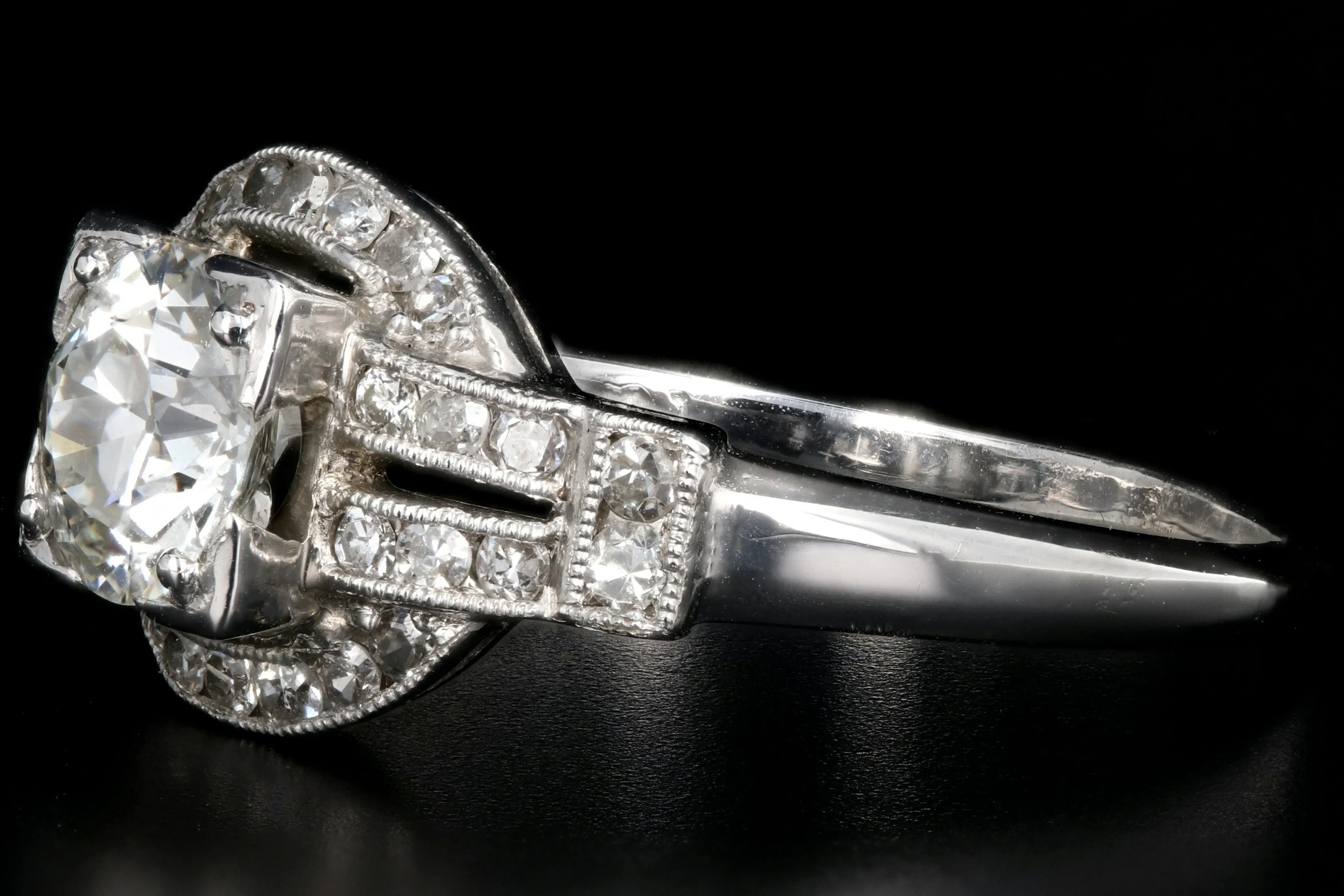 Art Deco Platinum .90 Carat Old European Cut Diamond Engagement Ring Size 7