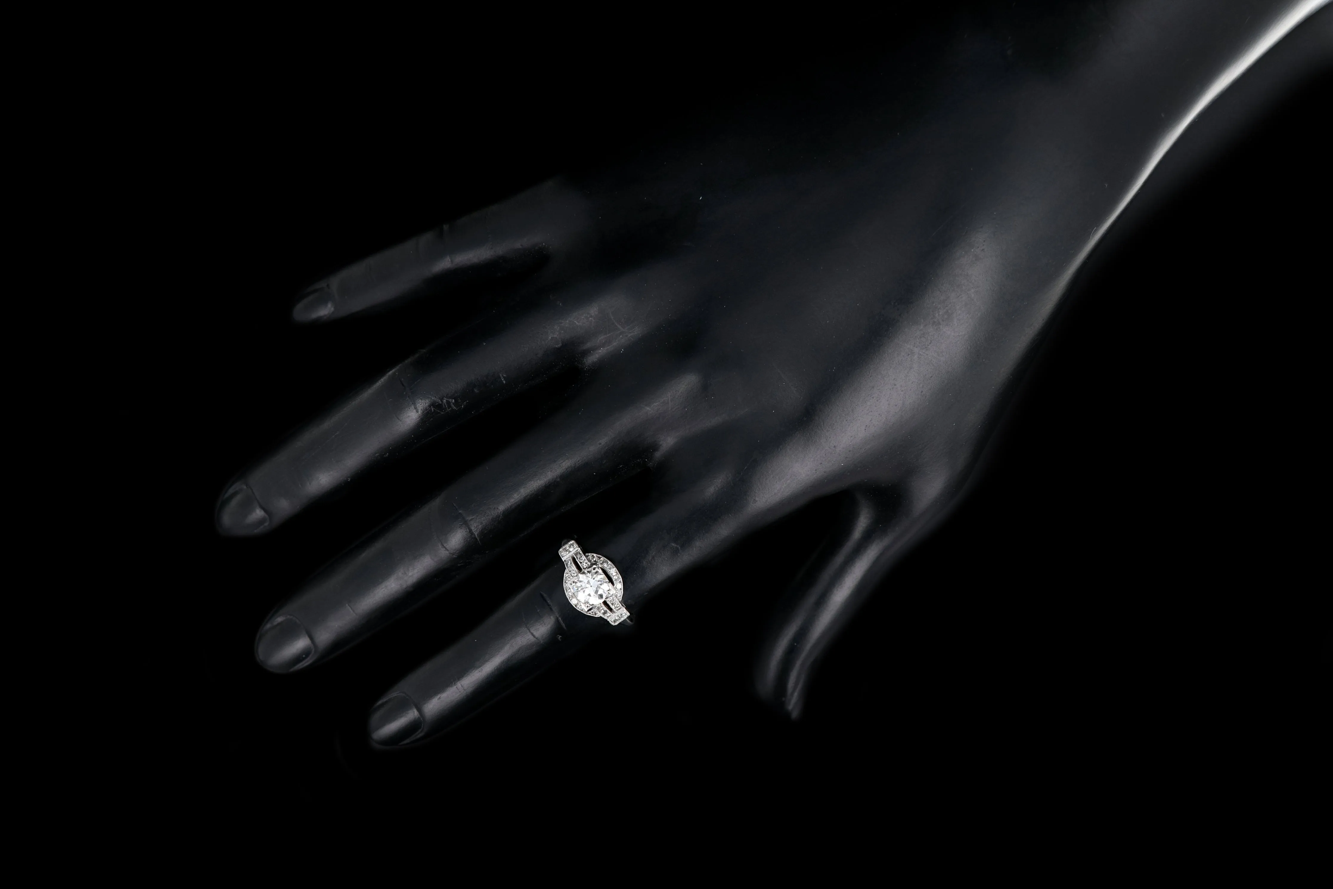 Art Deco Platinum .90 Carat Old European Cut Diamond Engagement Ring Size 7