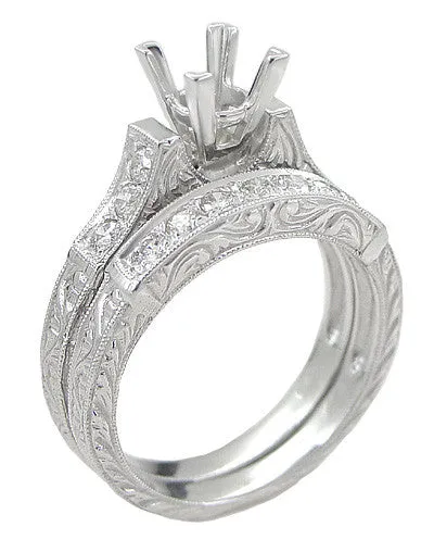 Art Deco Platinum Carved Scrolls Engagement Ring Setting for a 1.75 Carat Princess Cut Diamond with Matching Wedding Ring