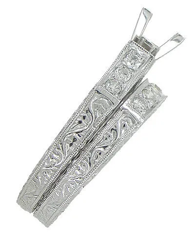Art Deco Platinum Carved Scrolls Engagement Ring Setting for a 1.75 Carat Princess Cut Diamond with Matching Wedding Ring