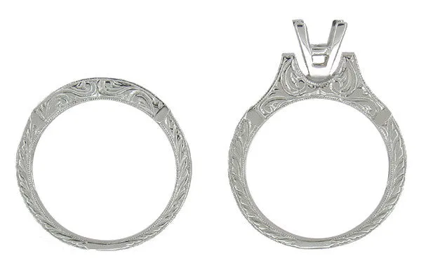 Art Deco Platinum Carved Scrolls Engagement Ring Setting for a 1.75 Carat Princess Cut Diamond with Matching Wedding Ring