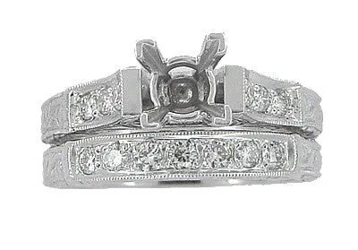 Art Deco Platinum Carved Scrolls Engagement Ring Setting for a 1.75 Carat Princess Cut Diamond with Matching Wedding Ring
