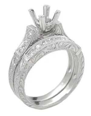Art Deco Platinum Carved Scrolls Engagement Ring Setting for a 1.75 Carat Princess Cut Diamond with Matching Wedding Ring