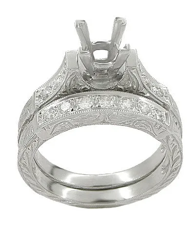 Art Deco Scrolls 2 Carat Princess Cut Diamond Engagement Ring Setting and Wedding Ring in 18 Karat White Gold