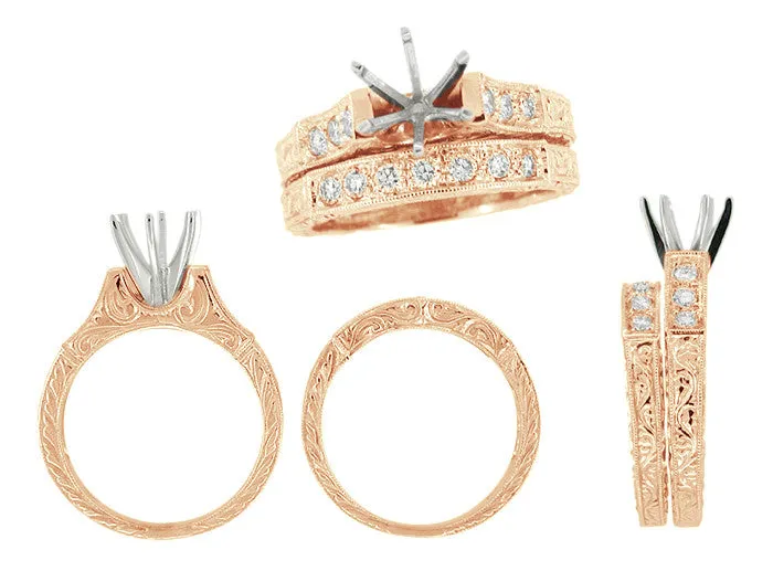 Art Deco Vintage Style Engraved Scrolls 1 Carat Diamond Engagement Ring Setting and Wedding Ring in 14 Karat Rose ( Pink ) Gold