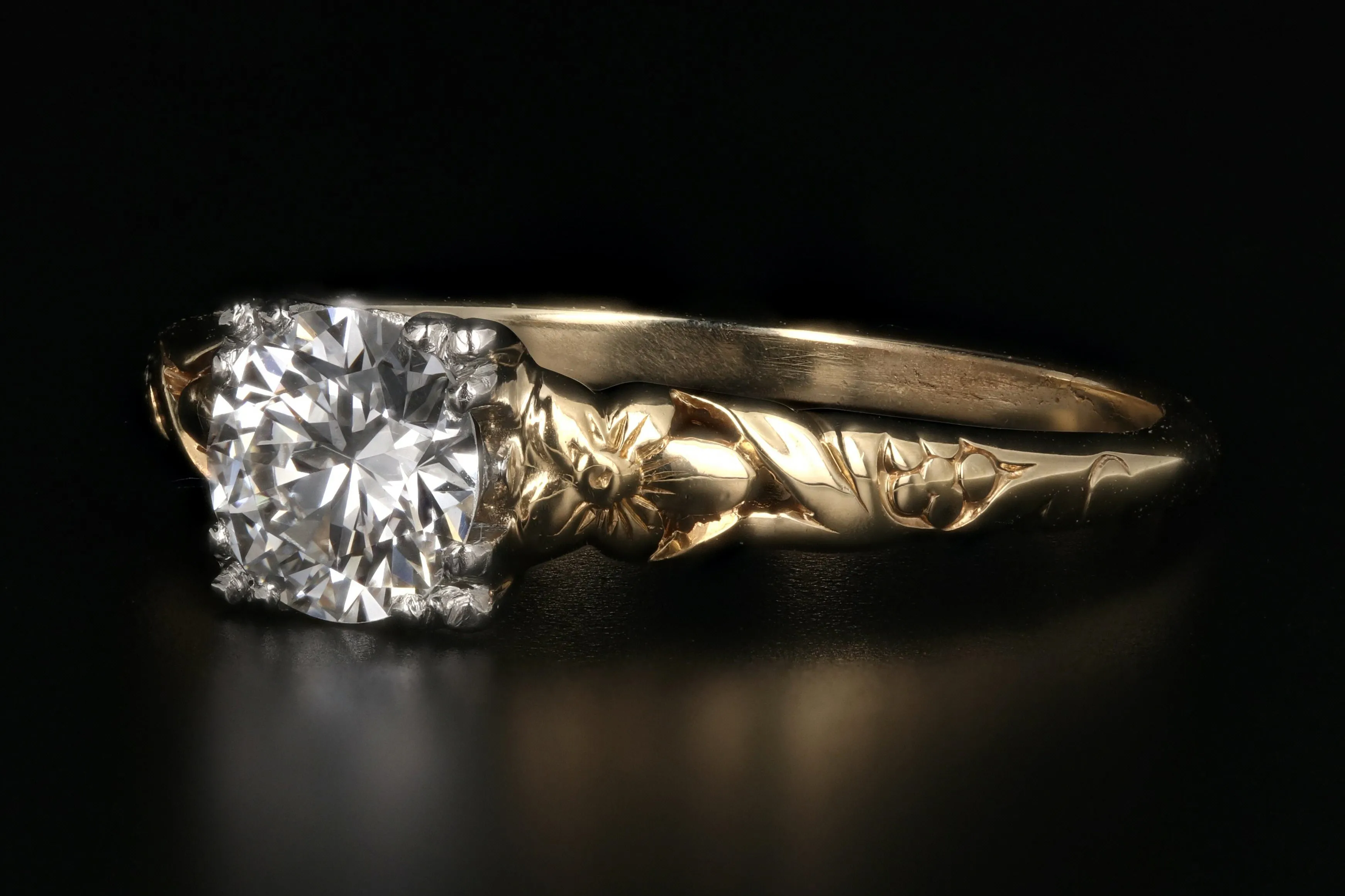 Art Nouveau 14K Yellow Gold and Platinum .70 Carat Engagement Ring