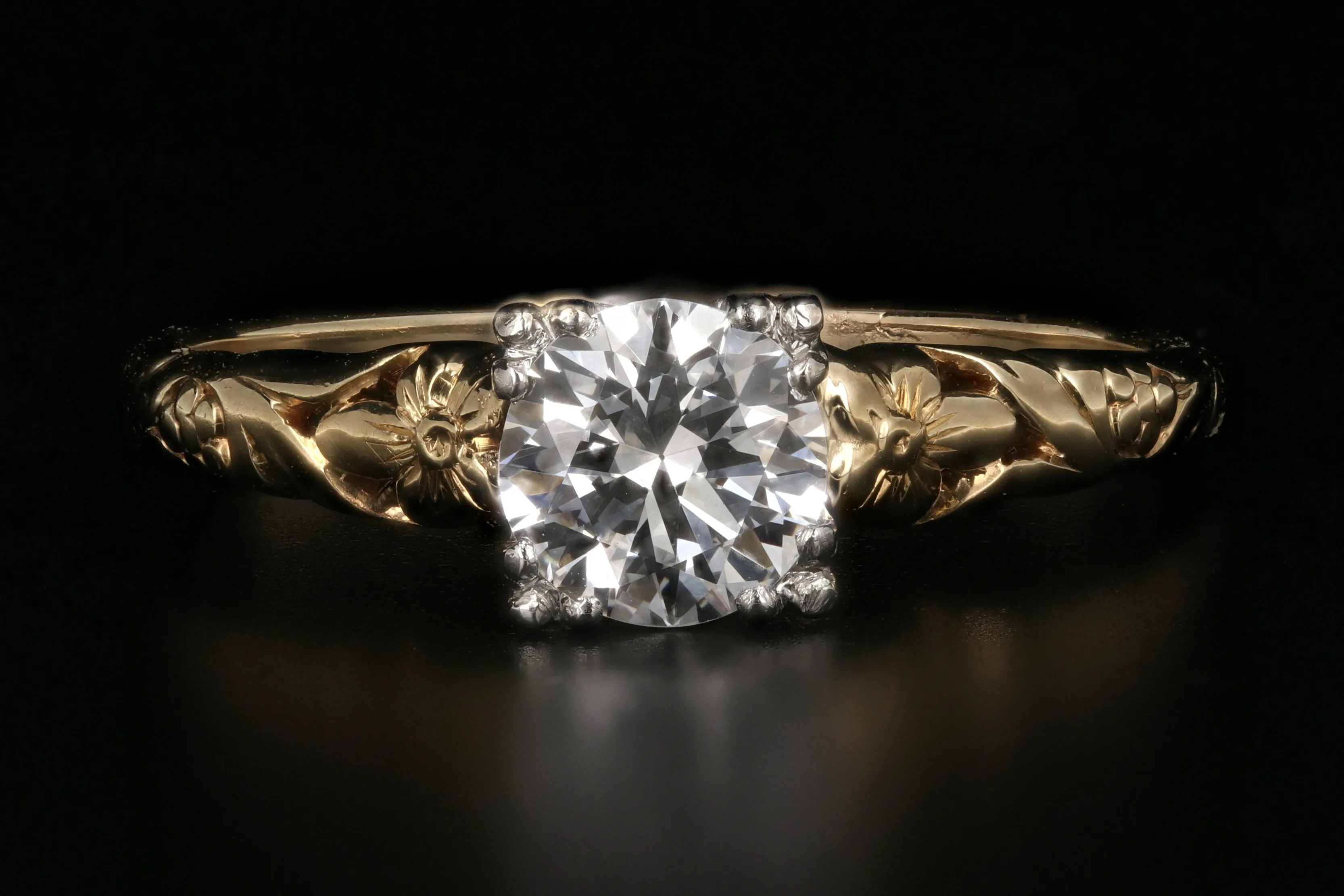 Art Nouveau 14K Yellow Gold and Platinum .70 Carat Engagement Ring