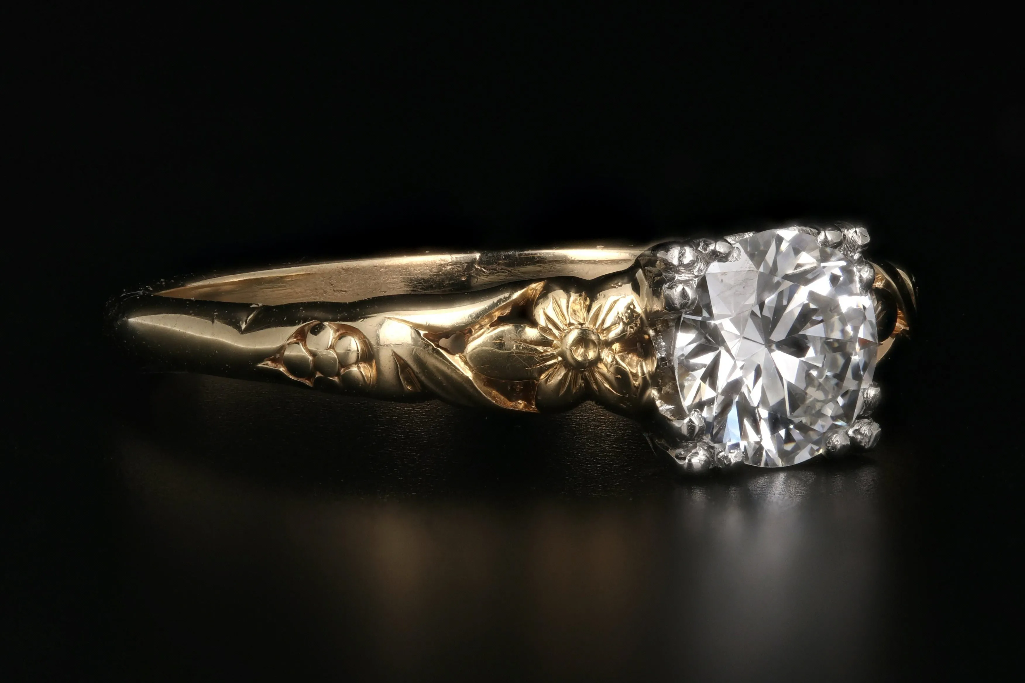 Art Nouveau 14K Yellow Gold and Platinum .70 Carat Engagement Ring