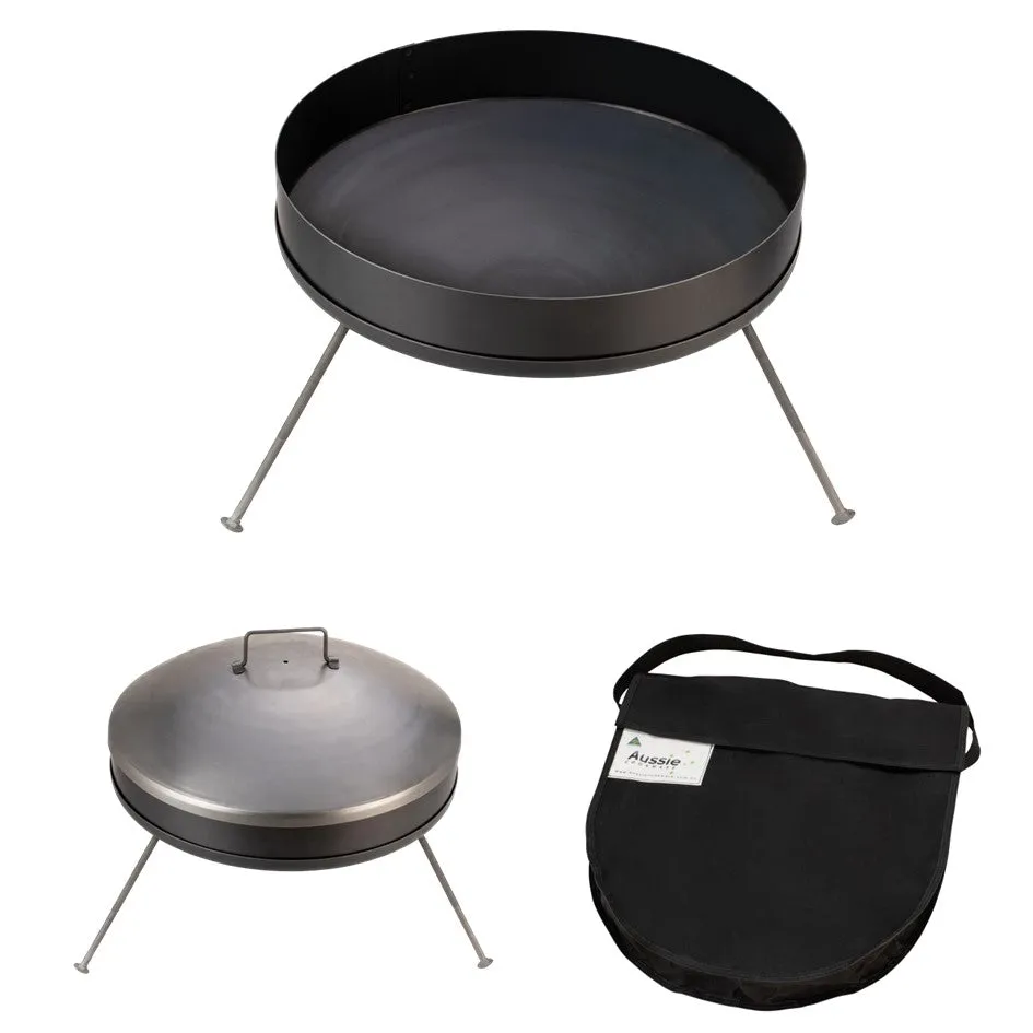 AUSSIE COOKWARE BLACK STEEL COMPACT 22" 550MM FIRE PIT AND GRILL WITH CANVAS CARRY BAG