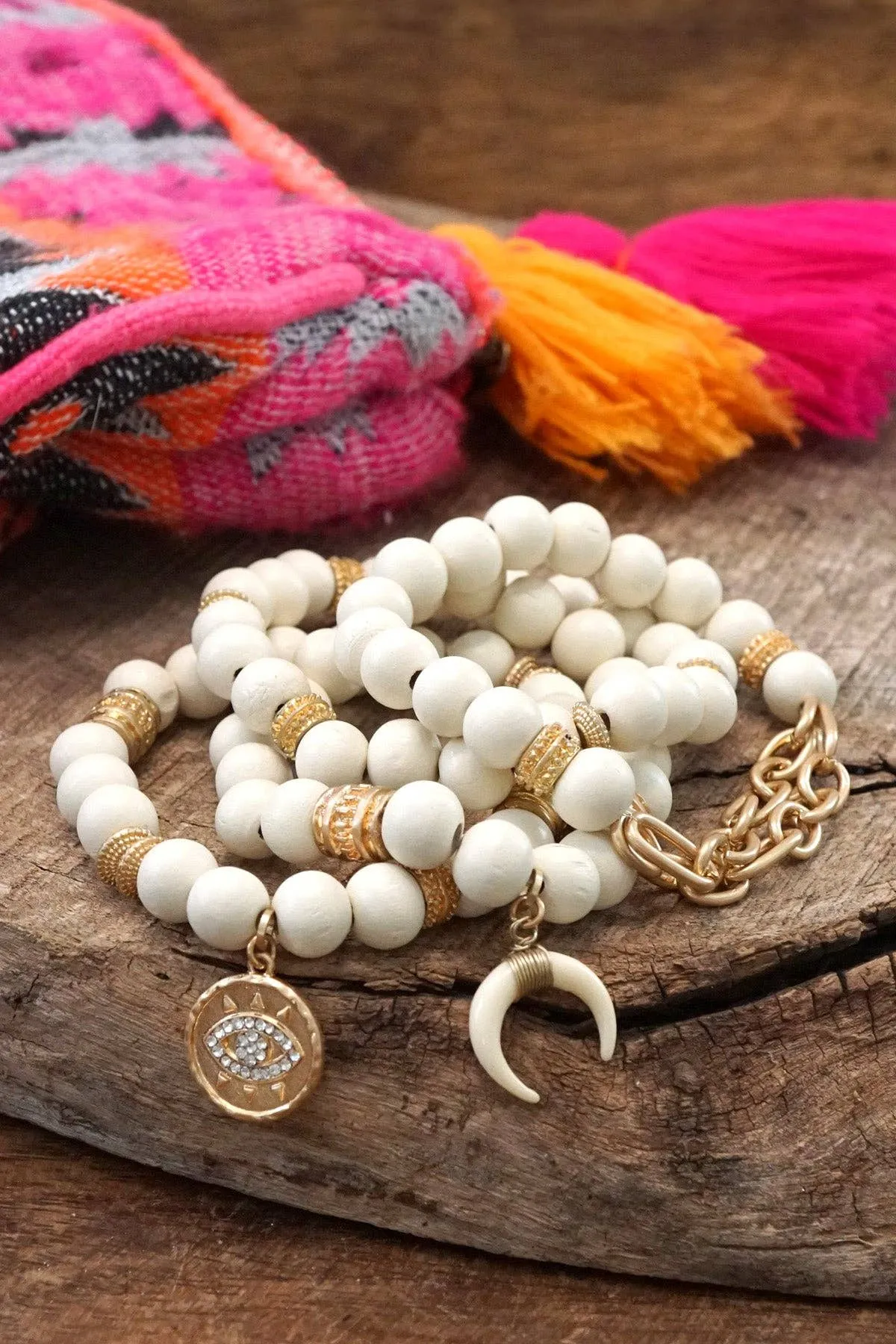 Beaded Boho Bracelets With Gold Coin & Cream Wooden Beads
