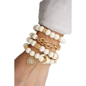 Beaded Boho Bracelets With Gold Coin & Cream Wooden Beads
