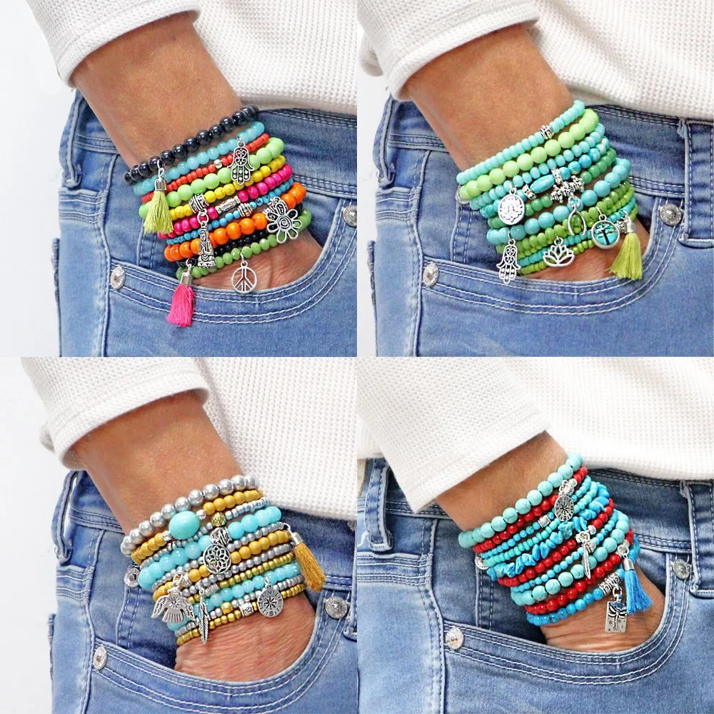 Beaded Bracelets Set of 10 Stretch Bracelets Bohemian Sunset Themed Stack