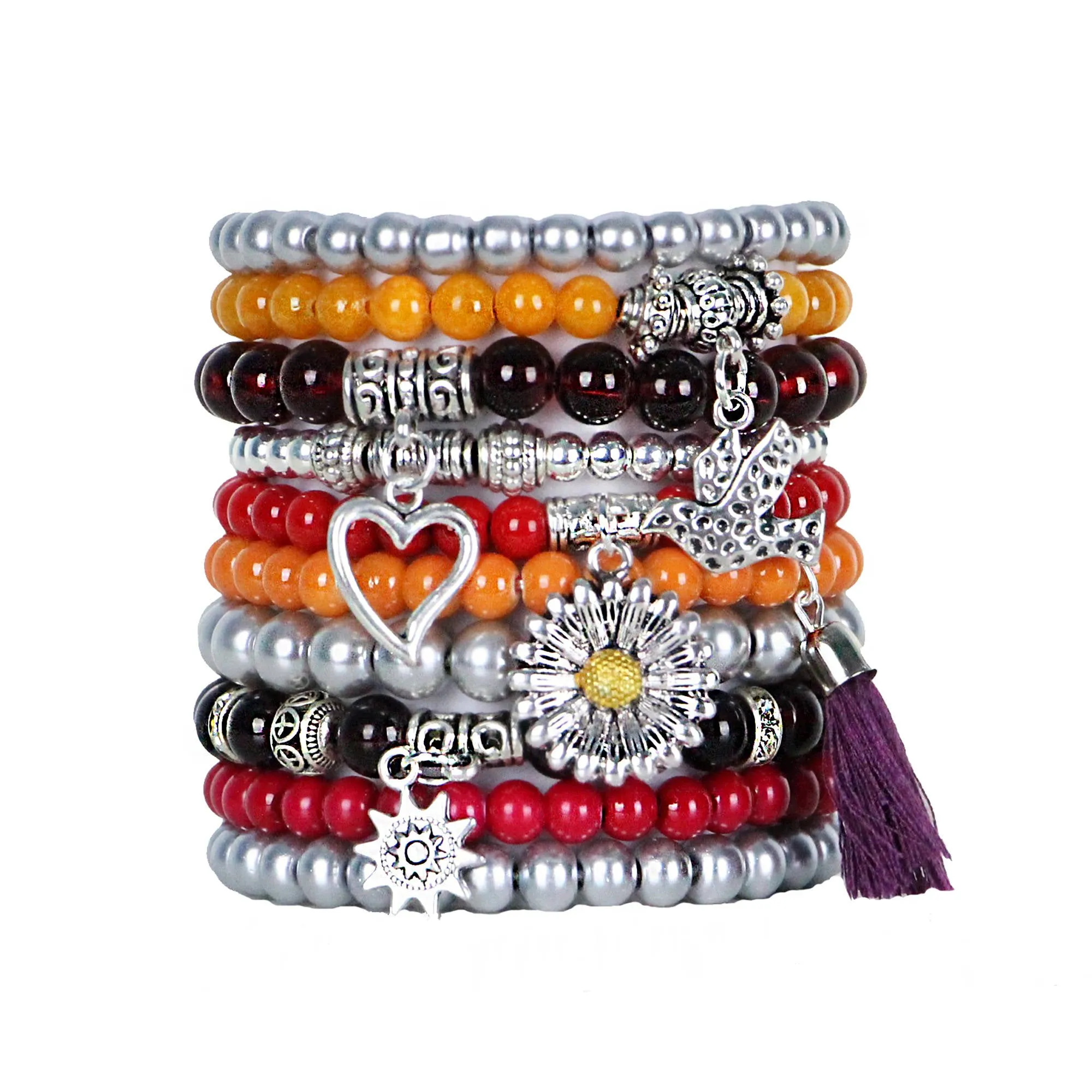 Beaded Bracelets Set of 10 Stretch Bracelets Bohemian Sunset Themed Stack