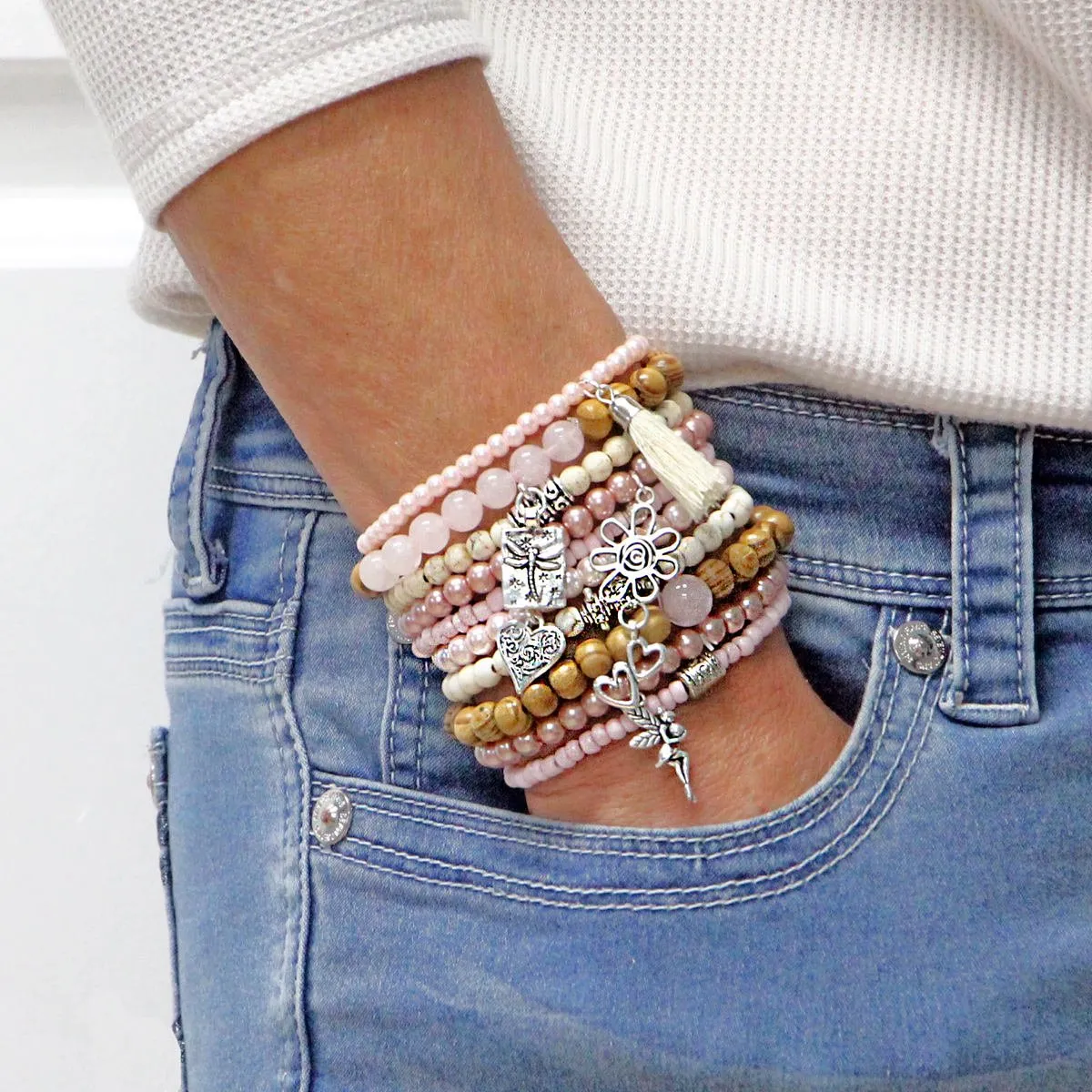 Beaded Bracelets Set of 10 Stretch Bracelets Calming Pinks Bohemian Themed