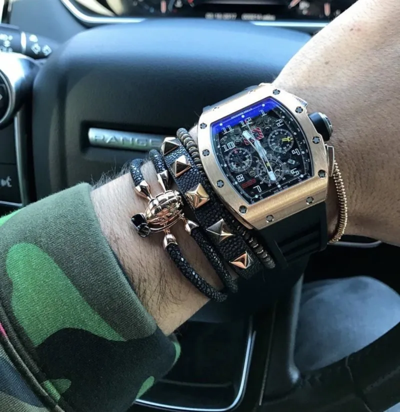 Black Stingray Bracelet With Rose Gold Grenade