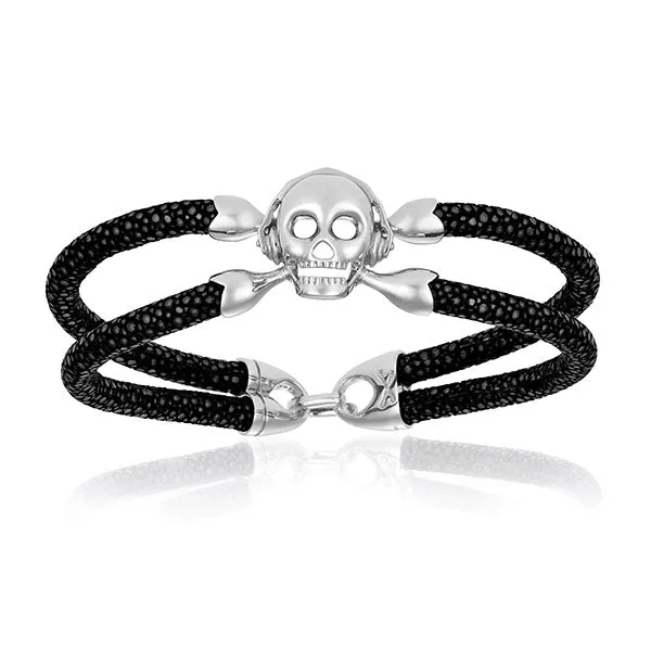 Black stingray bracelet with silver skull (Unisex)