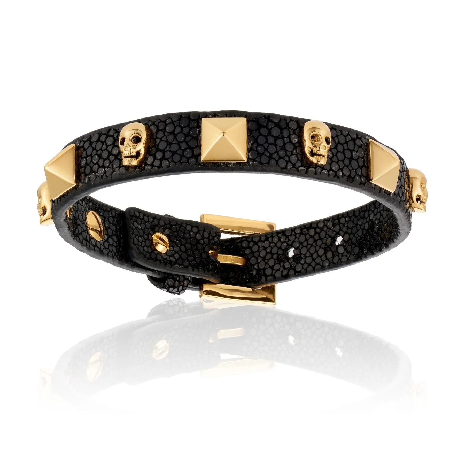Black stingray bracelet with Yellow Gold Skull studs (Unisex)