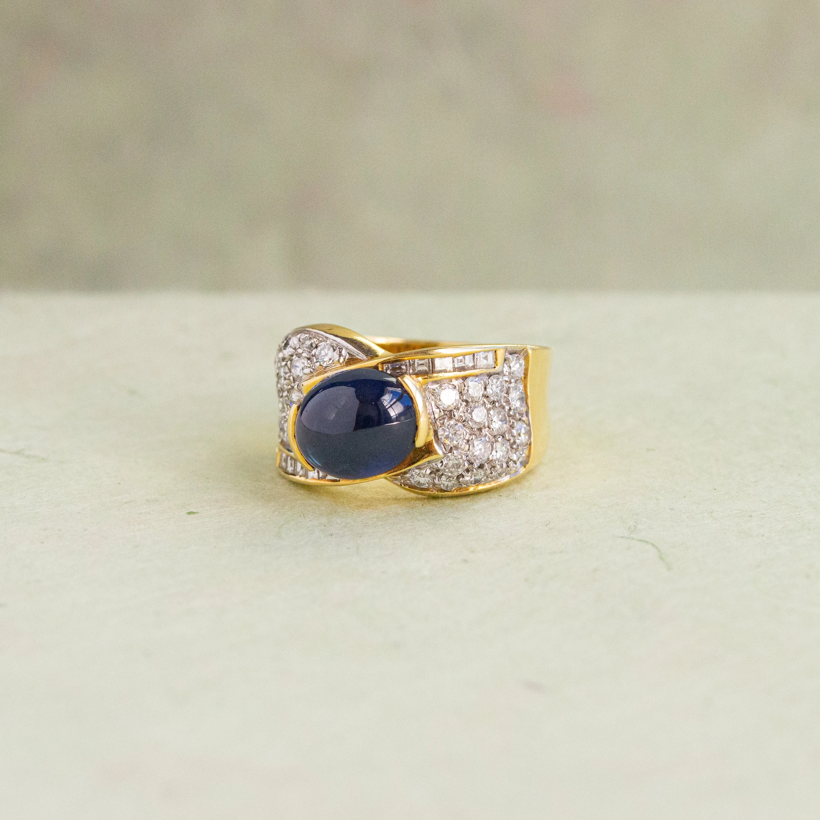 Blue Cabochon Sapphire and Diamond Ring, 18k