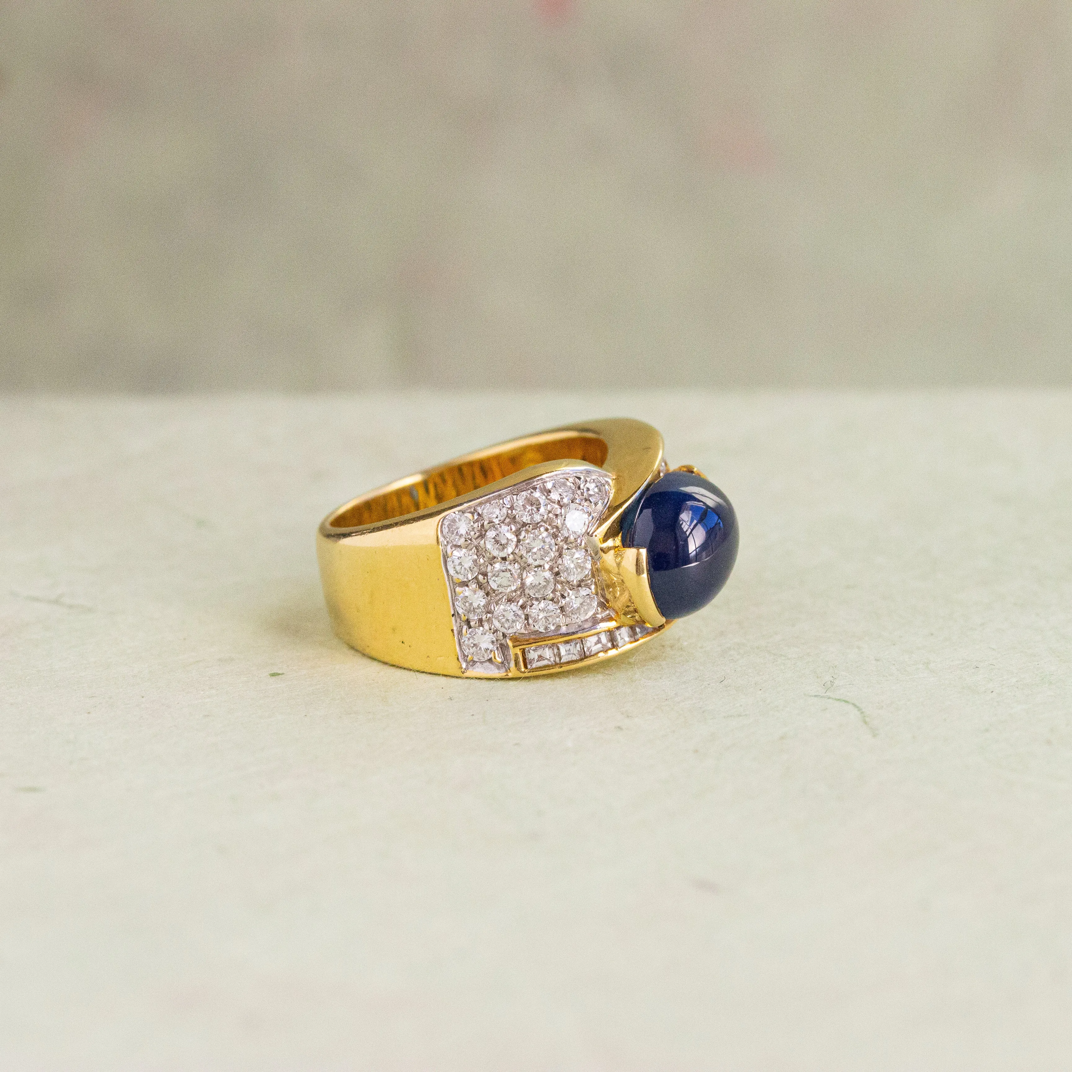 Blue Cabochon Sapphire and Diamond Ring, 18k