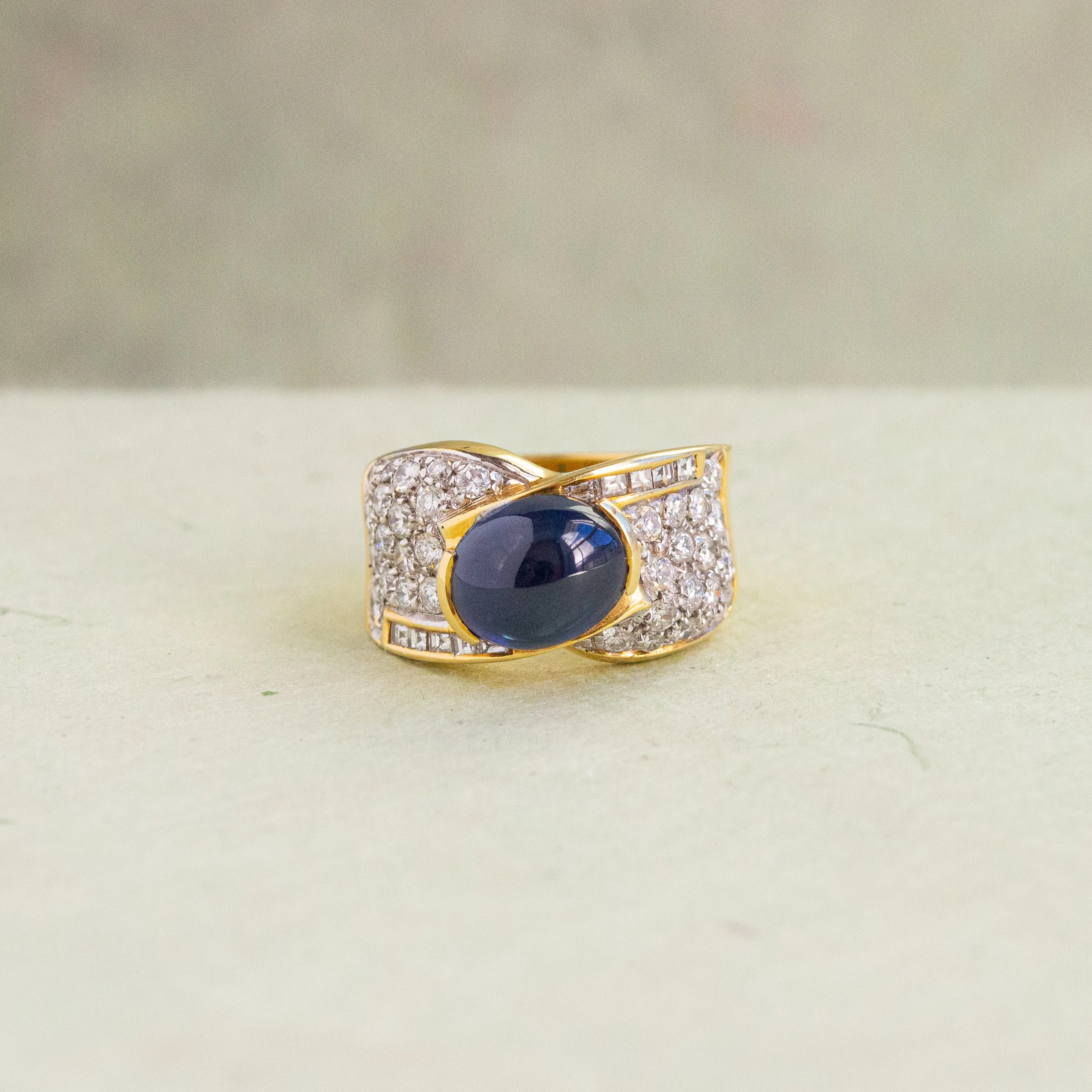Blue Cabochon Sapphire and Diamond Ring, 18k