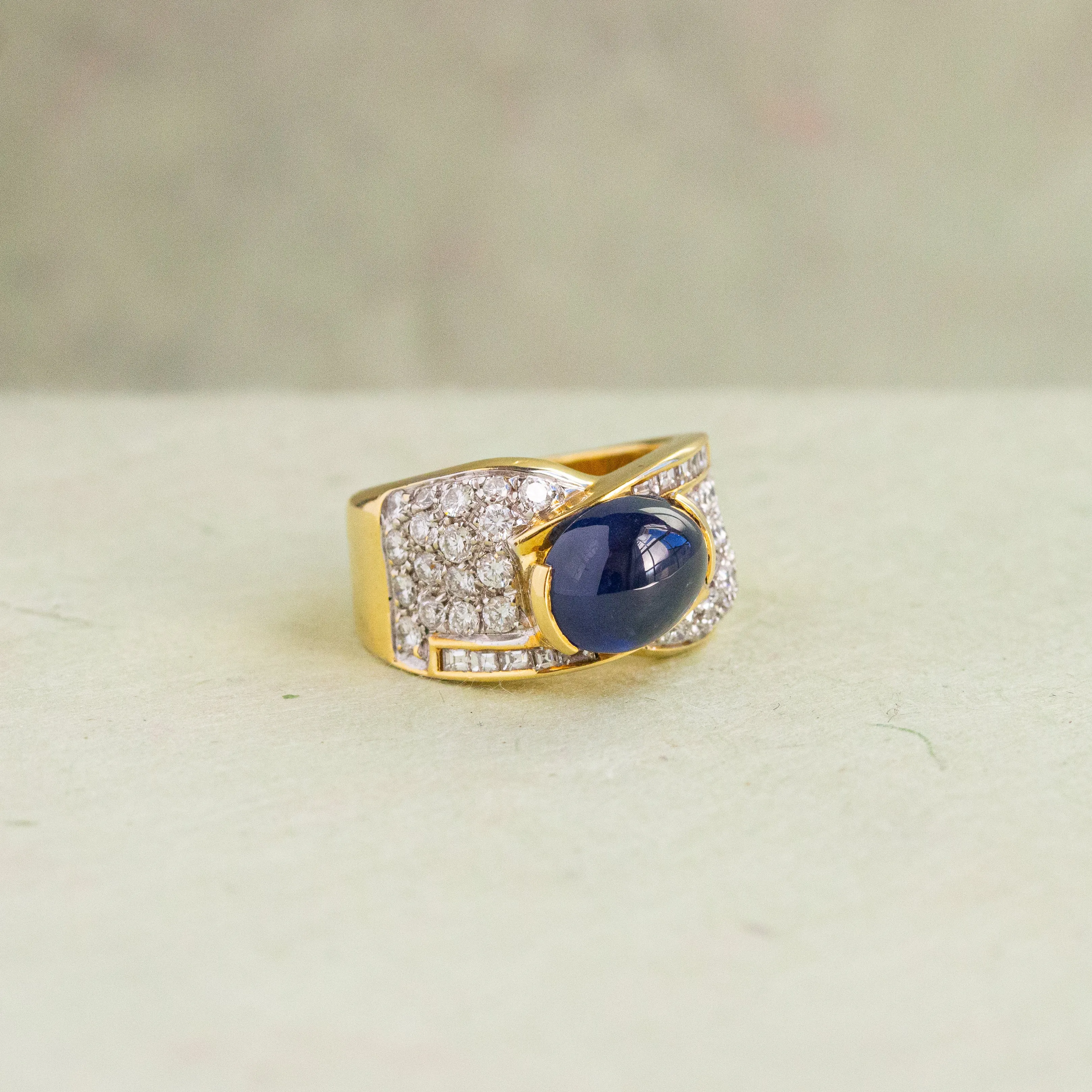 Blue Cabochon Sapphire and Diamond Ring, 18k