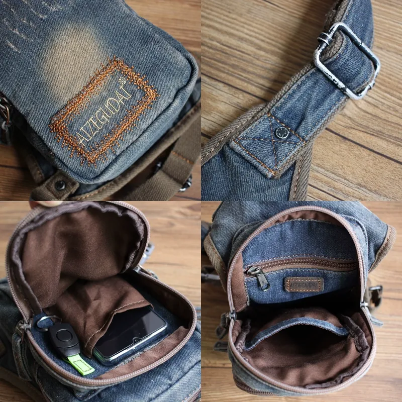 Blue Denim Bag With Leg Strap Waist Bag Drop Leg Bag Mens Denim Thigh Bag Fanny Pack for Men