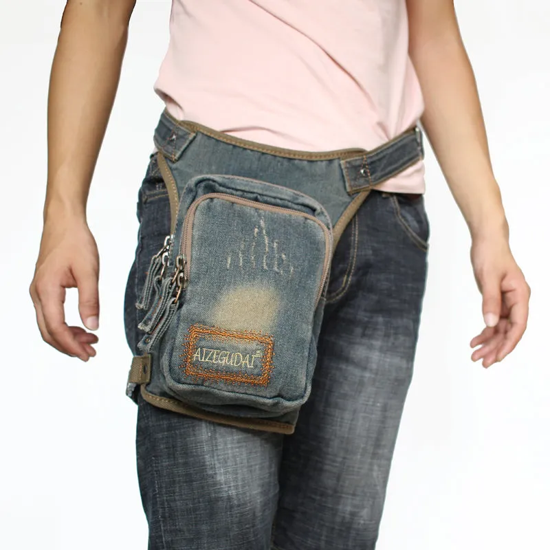 Blue Denim Bag With Leg Strap Waist Bag Drop Leg Bag Mens Denim Thigh Bag Fanny Pack for Men