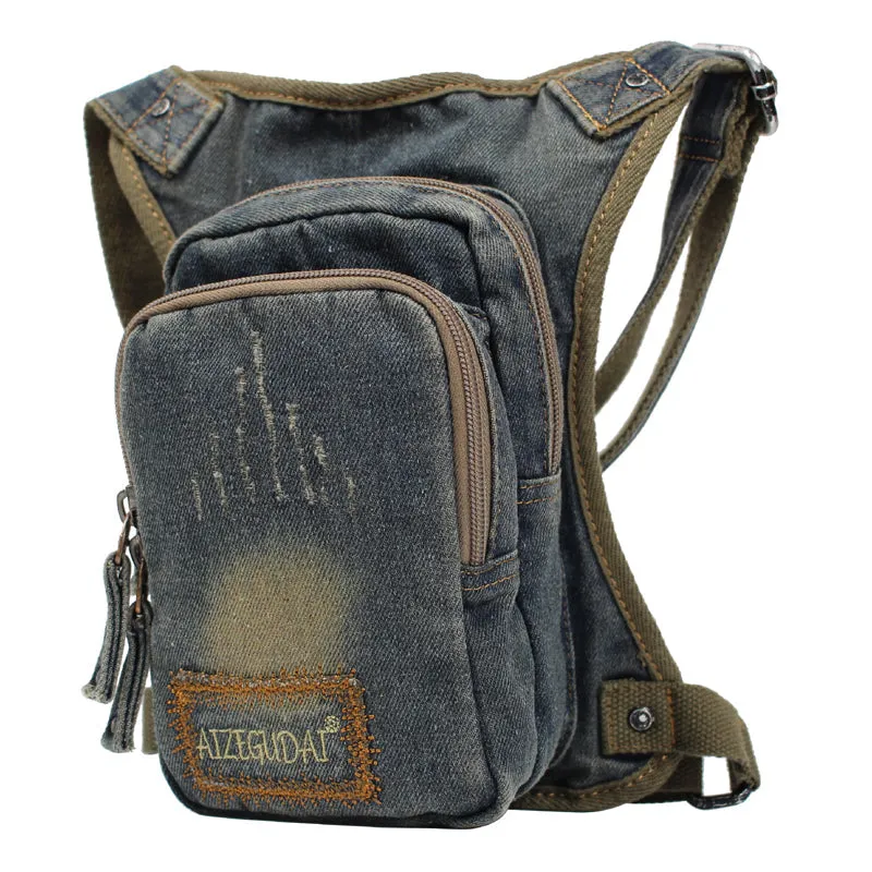 Blue Denim Bag With Leg Strap Waist Bag Drop Leg Bag Mens Denim Thigh Bag Fanny Pack for Men