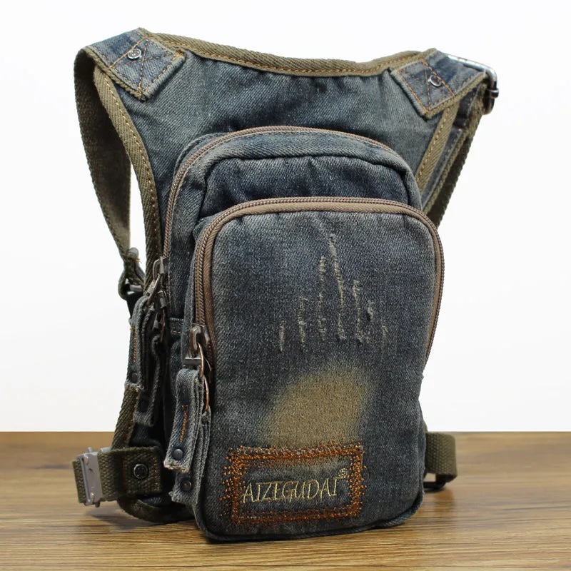 Blue Denim Bag With Leg Strap Waist Bag Drop Leg Bag Mens Denim Thigh Bag Fanny Pack for Men