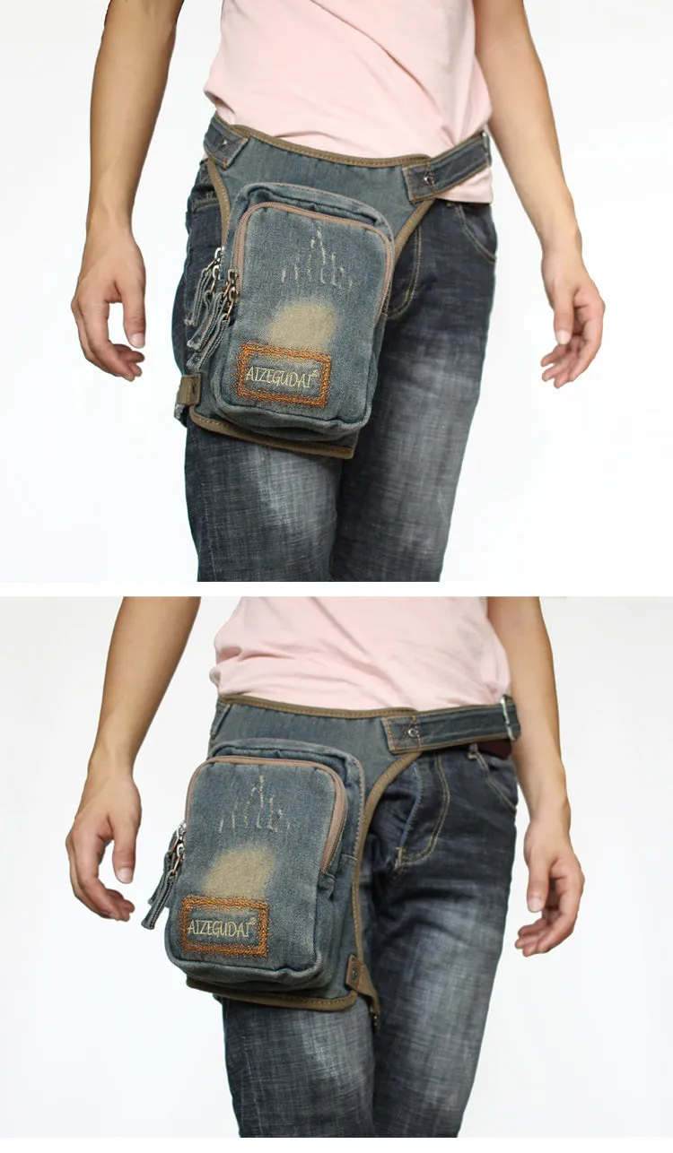 Blue Denim Bag With Leg Strap Waist Bag Drop Leg Bag Mens Denim Thigh Bag Fanny Pack for Men