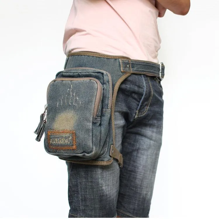 Blue Denim Bag With Leg Strap Waist Bag Drop Leg Bag Mens Denim Thigh Bag Fanny Pack for Men