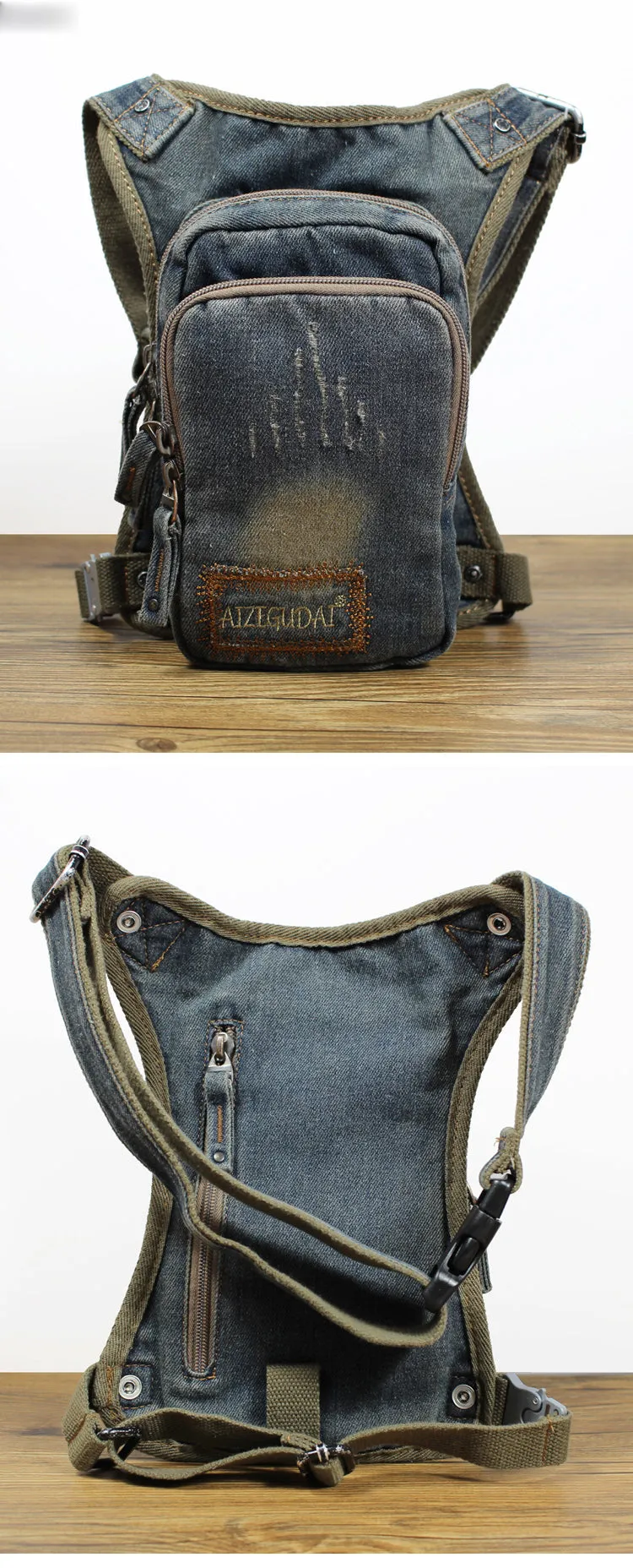 Blue Denim Bag With Leg Strap Waist Bag Drop Leg Bag Mens Denim Thigh Bag Fanny Pack for Men